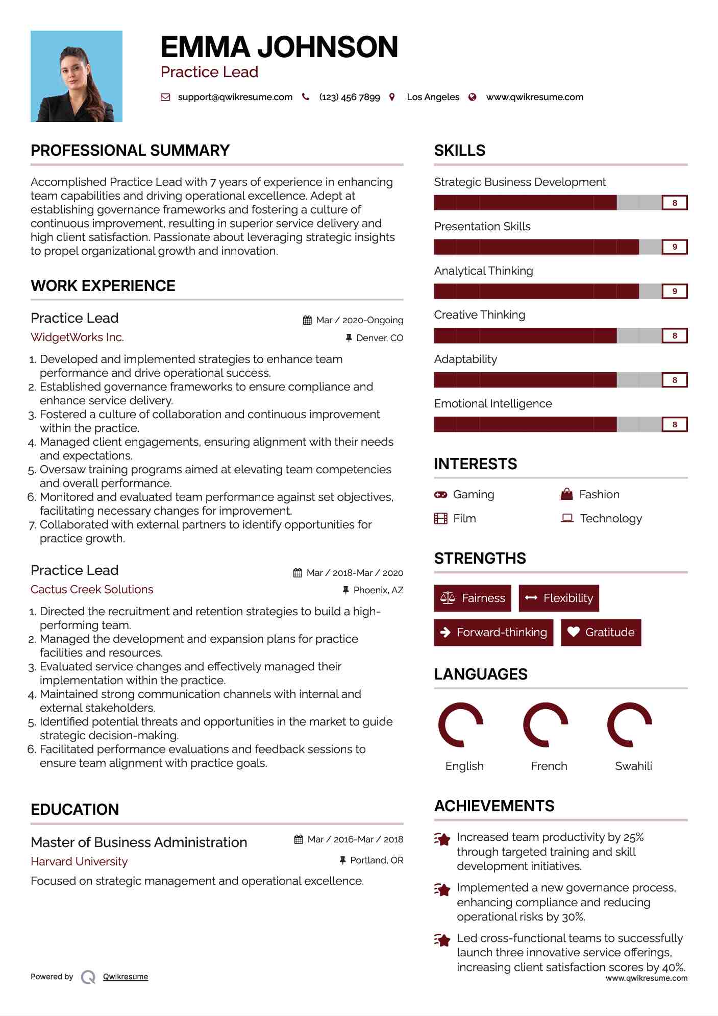 Practice Lead Resume Model