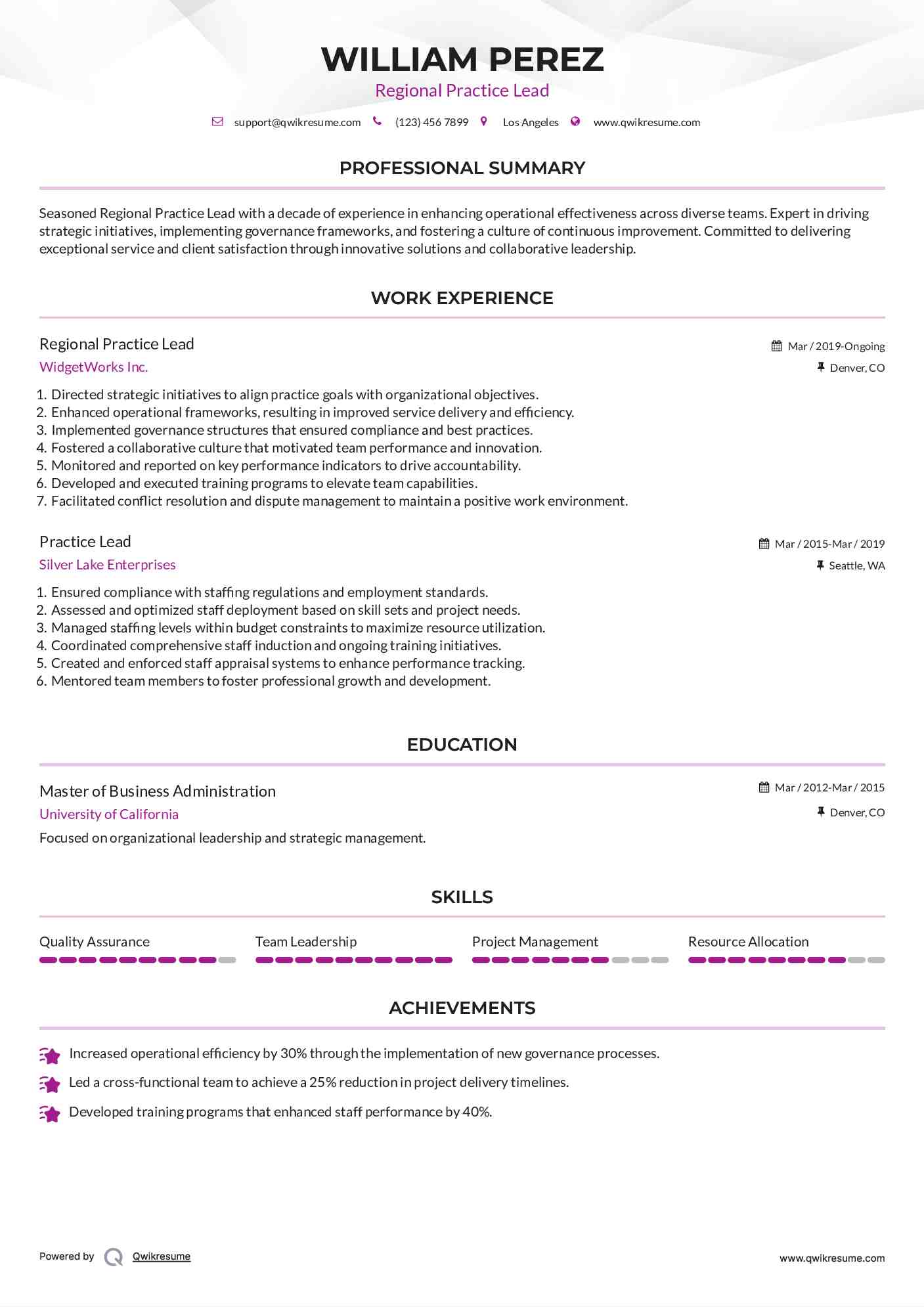 Regional Practice Lead Resume Sample