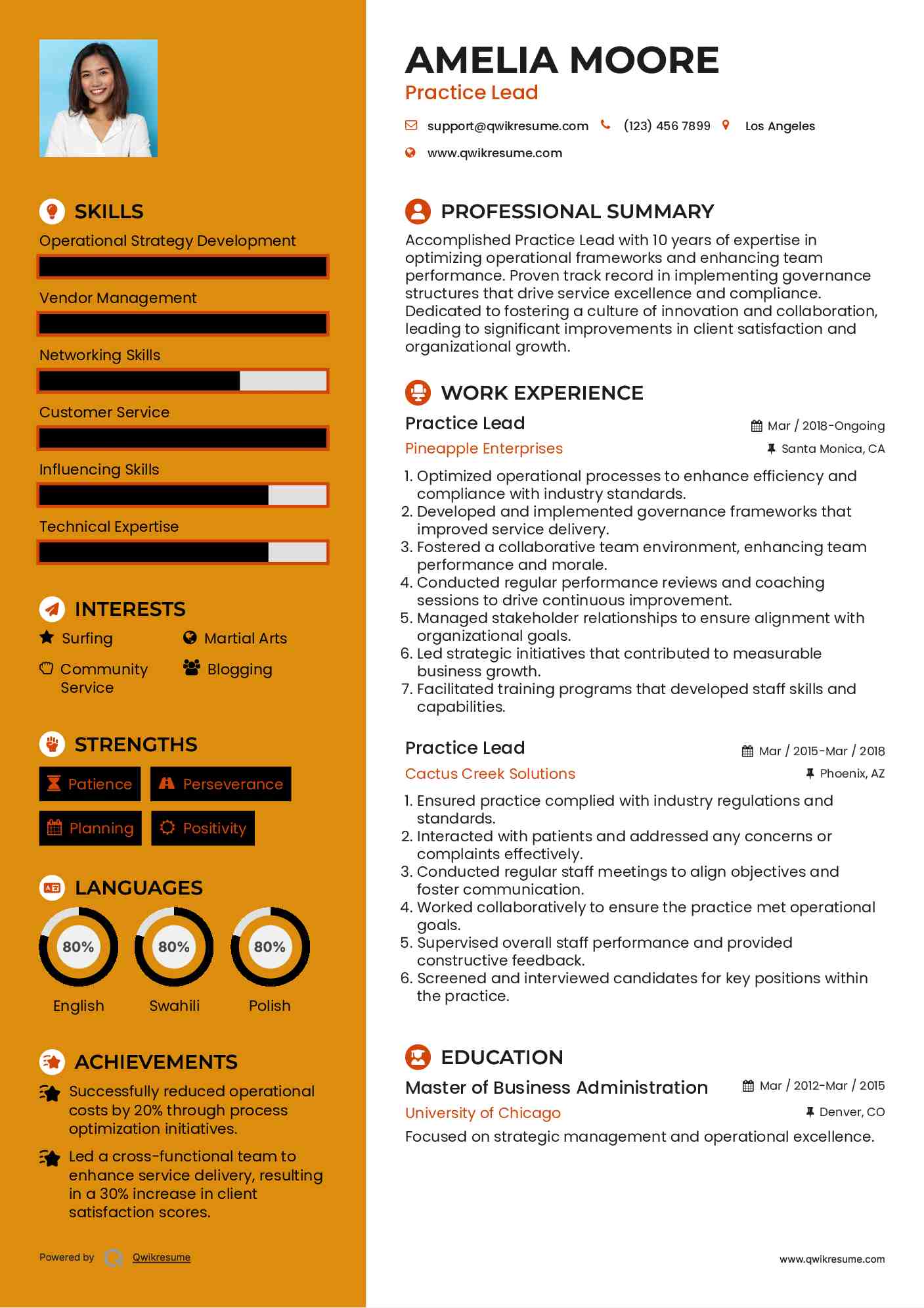 Practice Lead Resume Sample