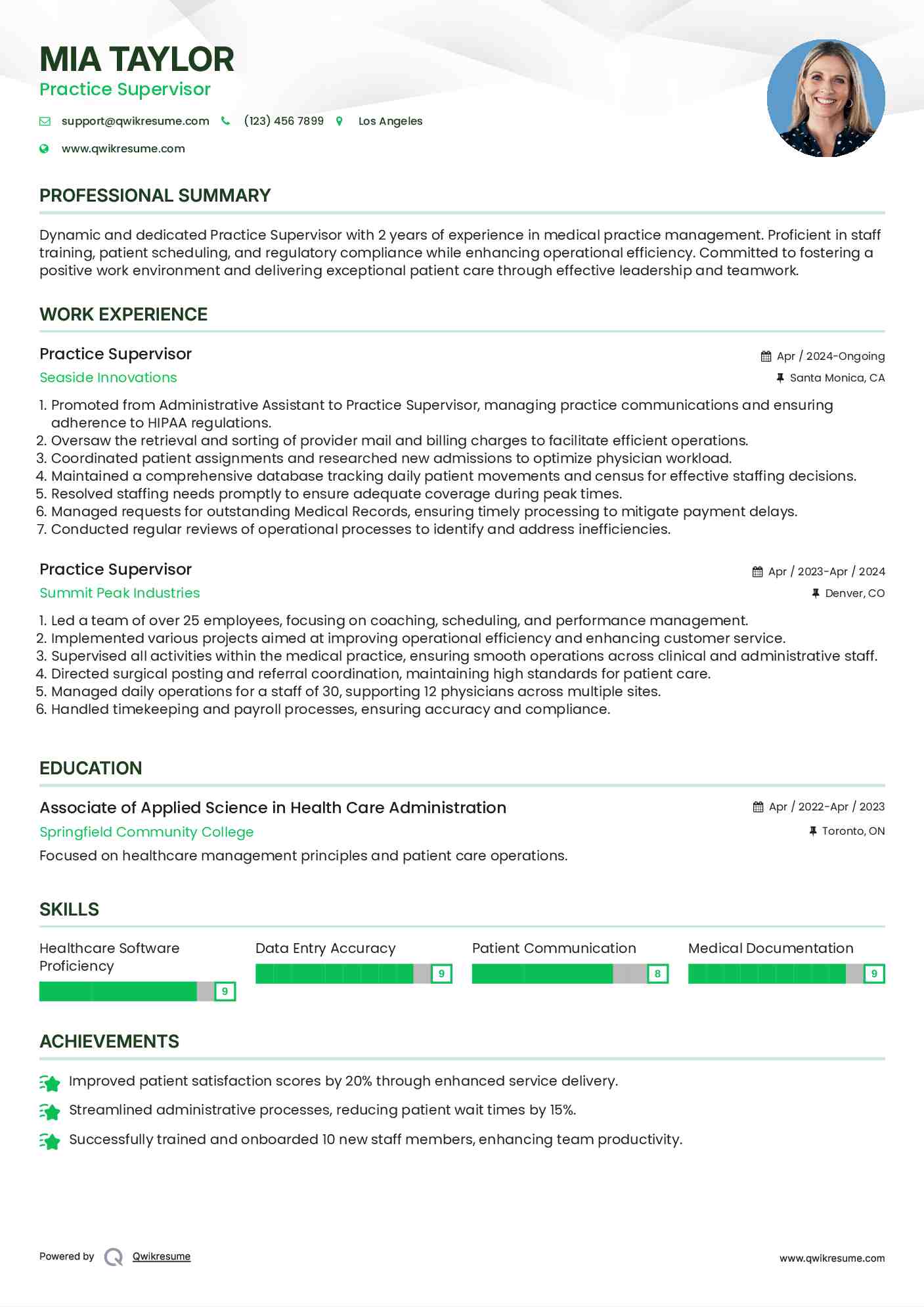 Practice Supervisor Resume Model
