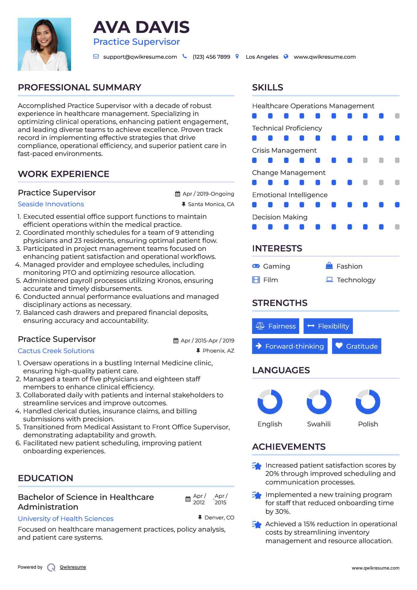Practice Supervisor Resume Sample