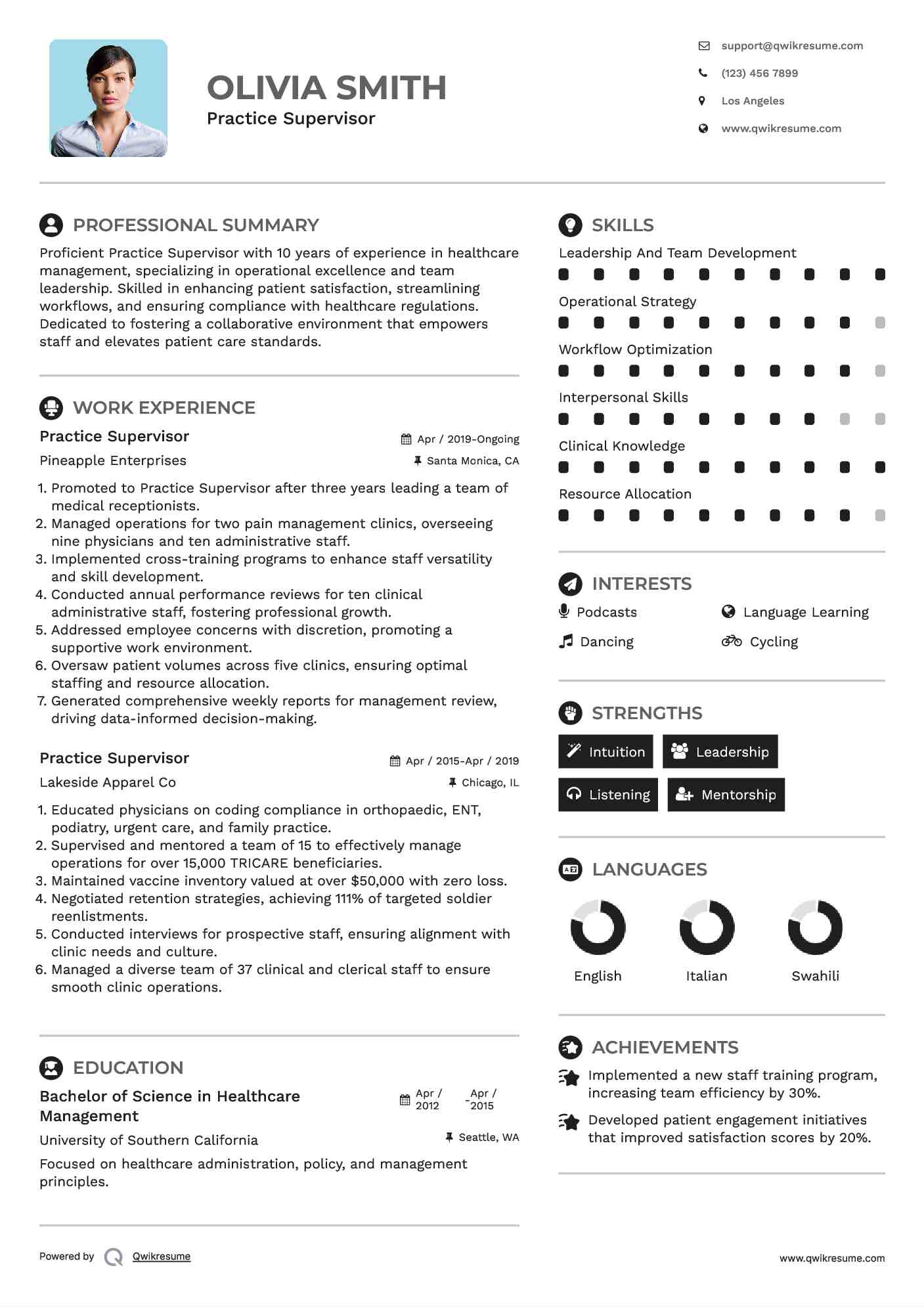 Practice Supervisor Resume Example