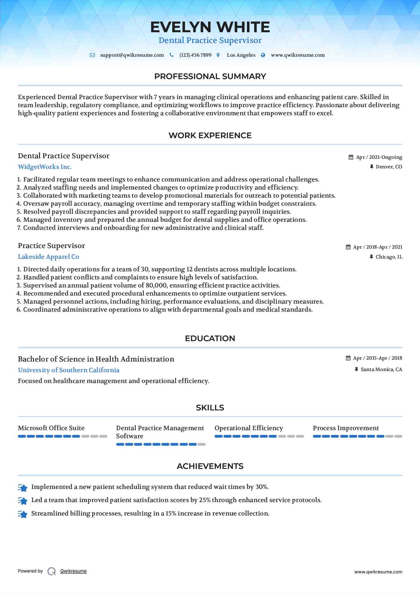 Dental Practice Supervisor Resume Example