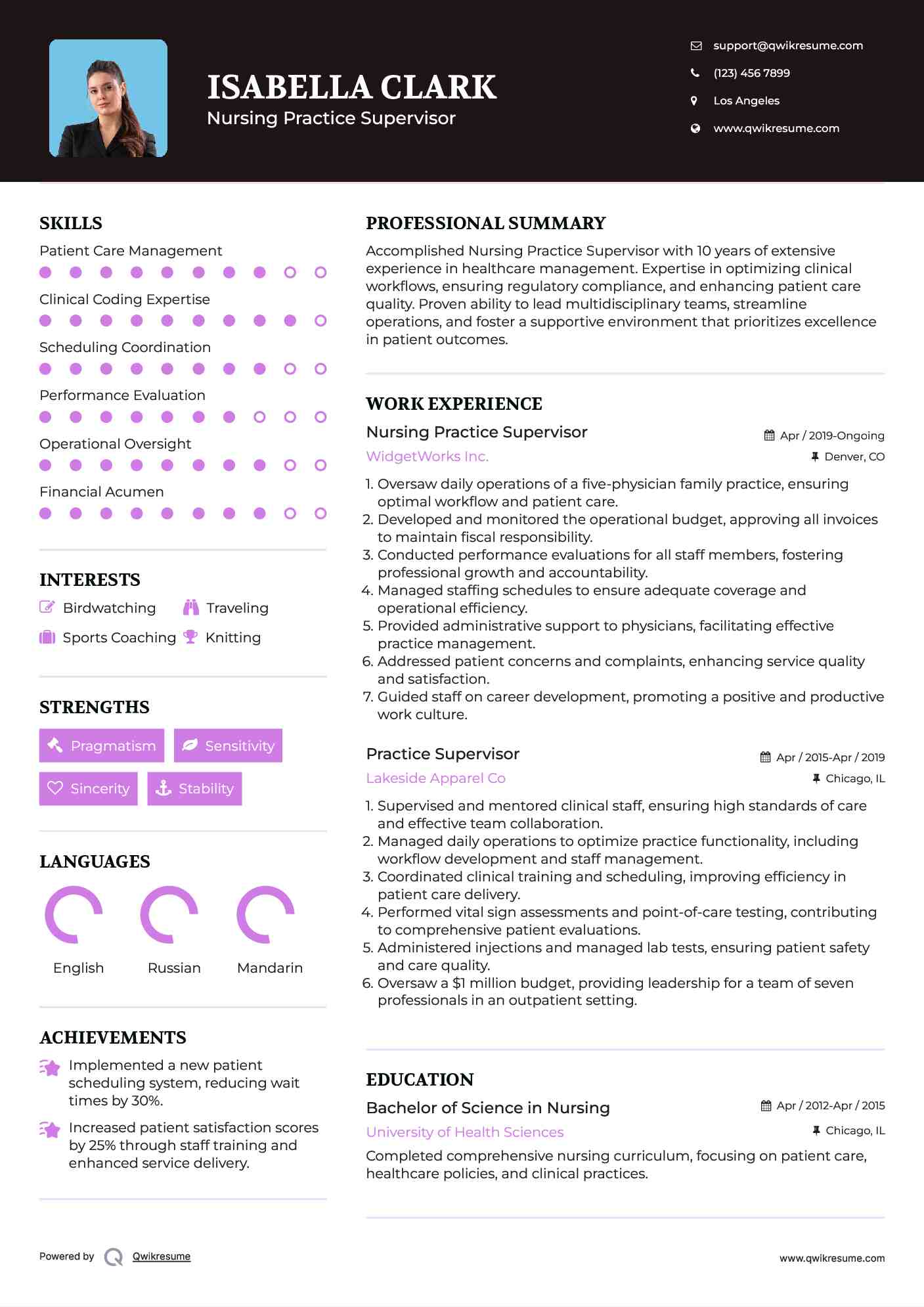 Nursing Practice Supervisor Resume Sample