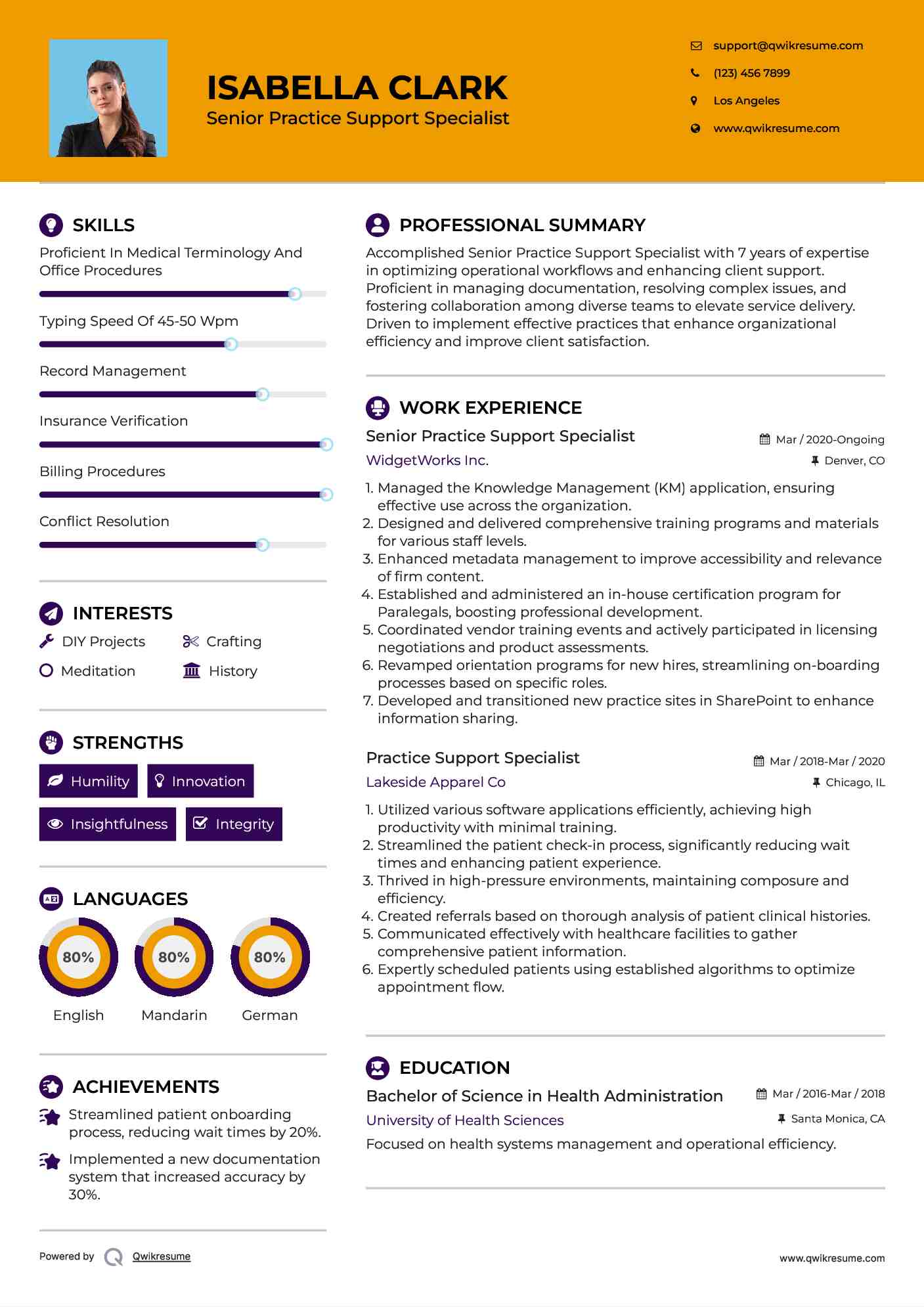 Senior Practice Support Specialist Resume Sample