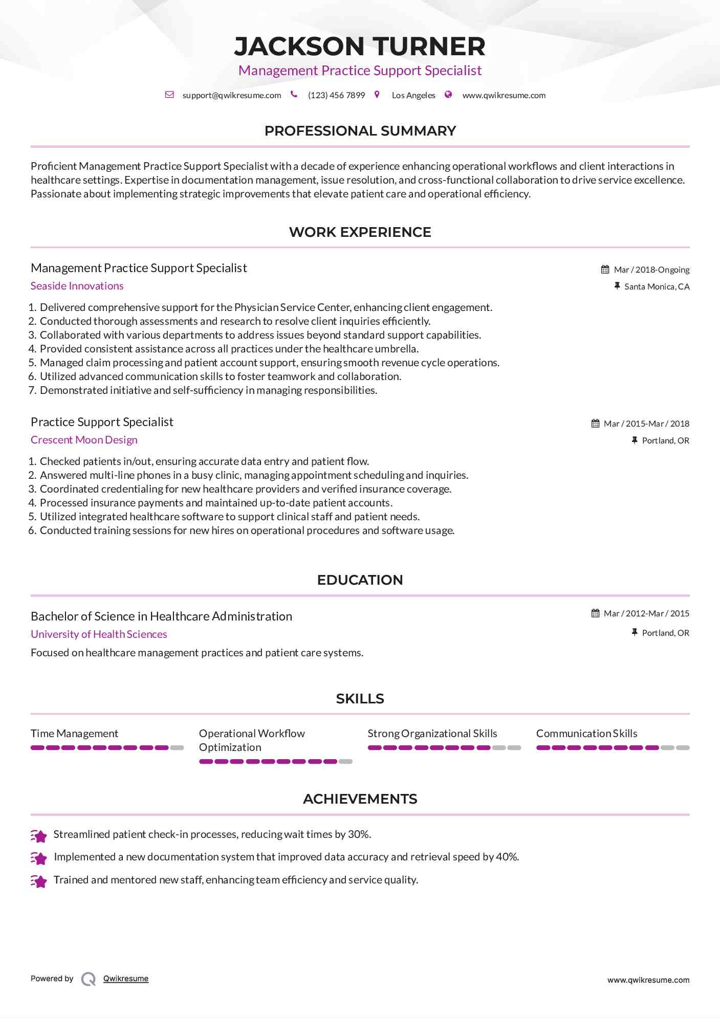 Management Practice Support Specialist Resume Model