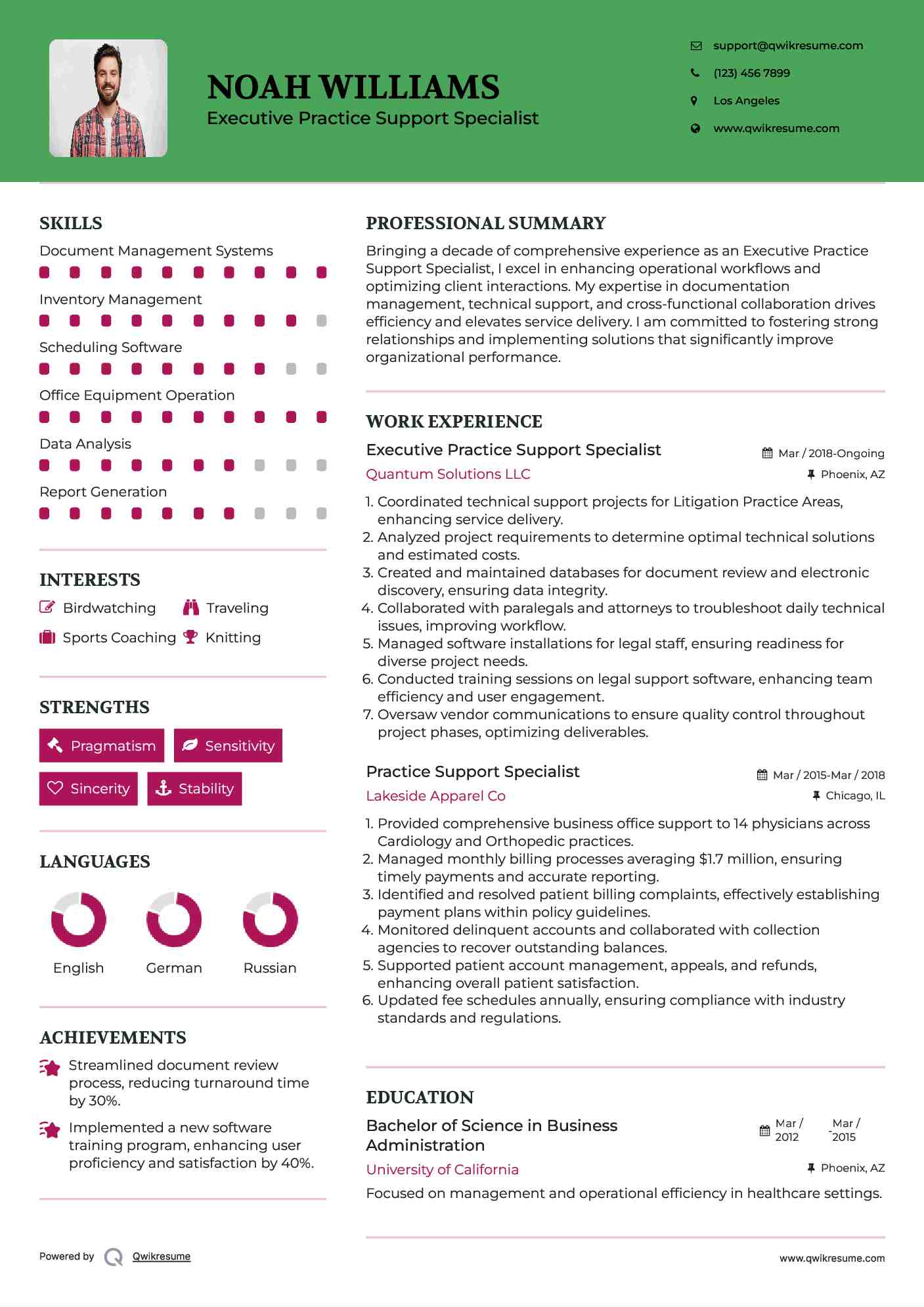 Executive Practice Support Specialist Resume Sample