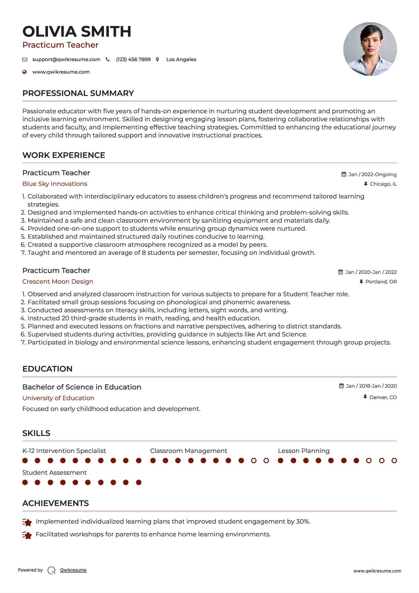 Practicum Teacher Resume Template