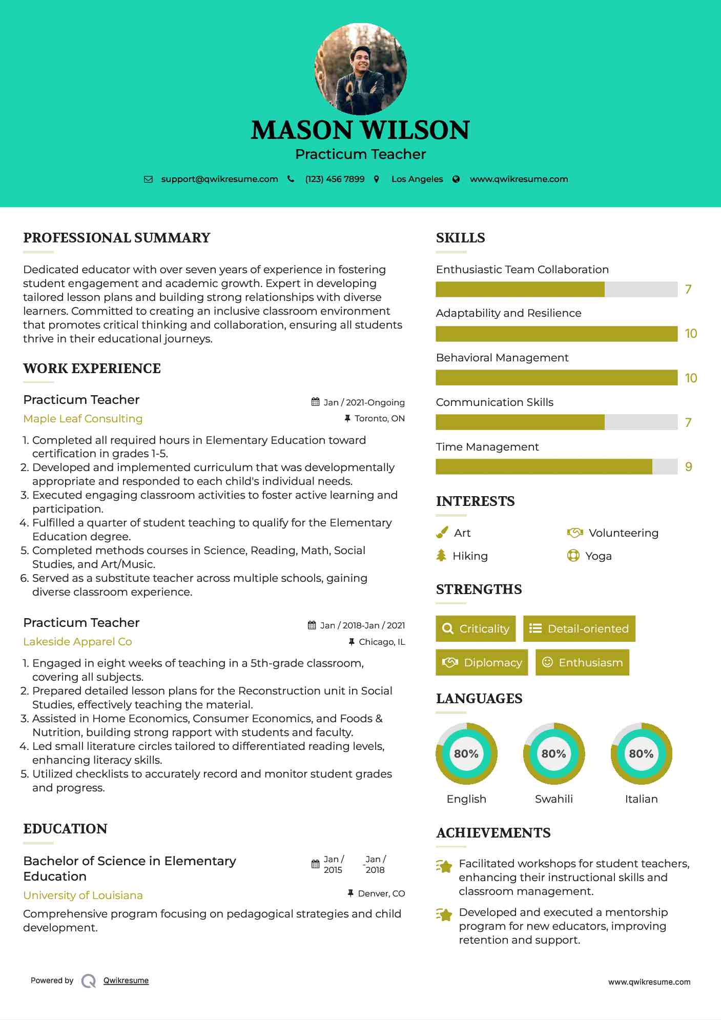 Practicum Teacher Resume Model