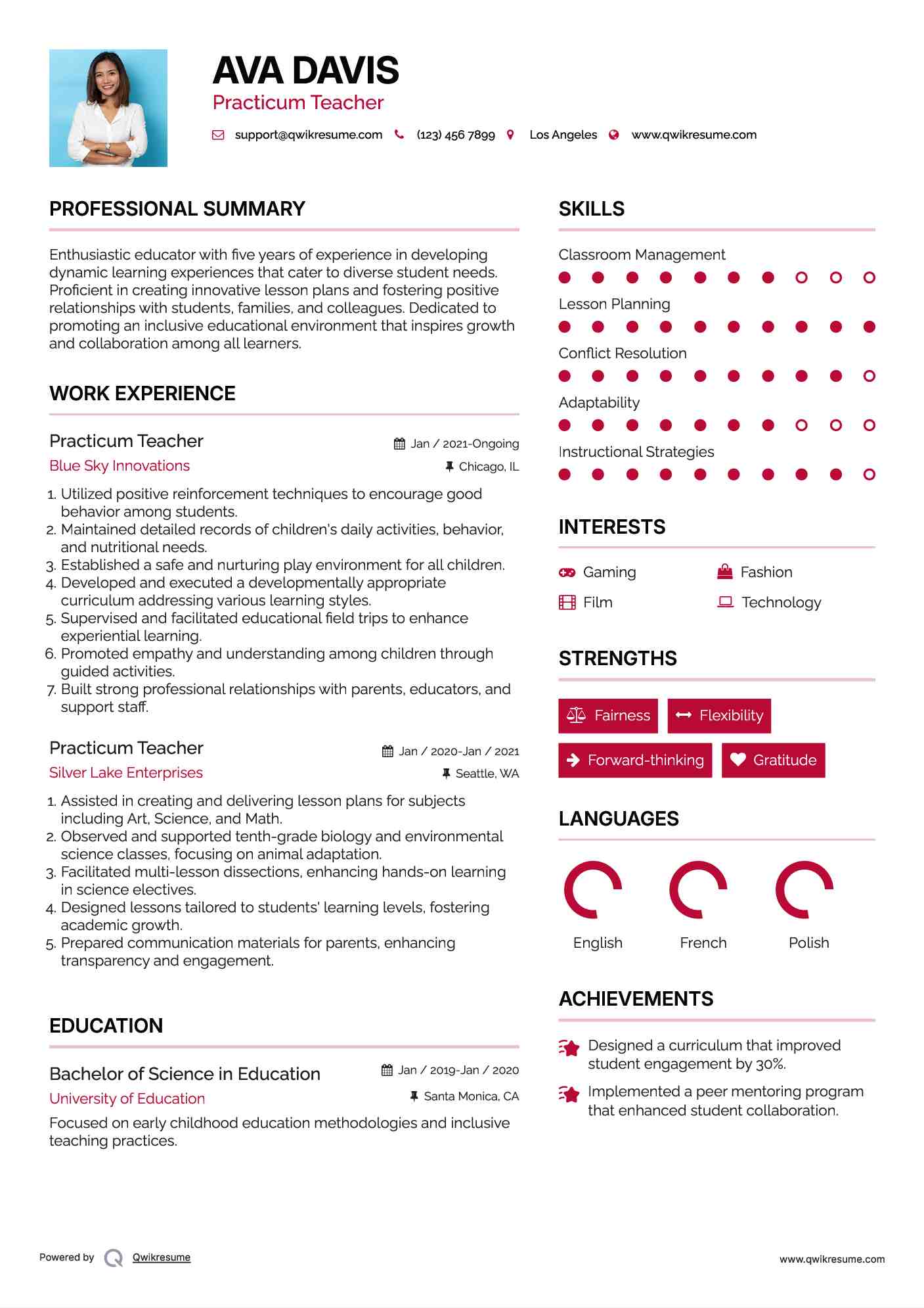 Practicum Teacher Resume Sample