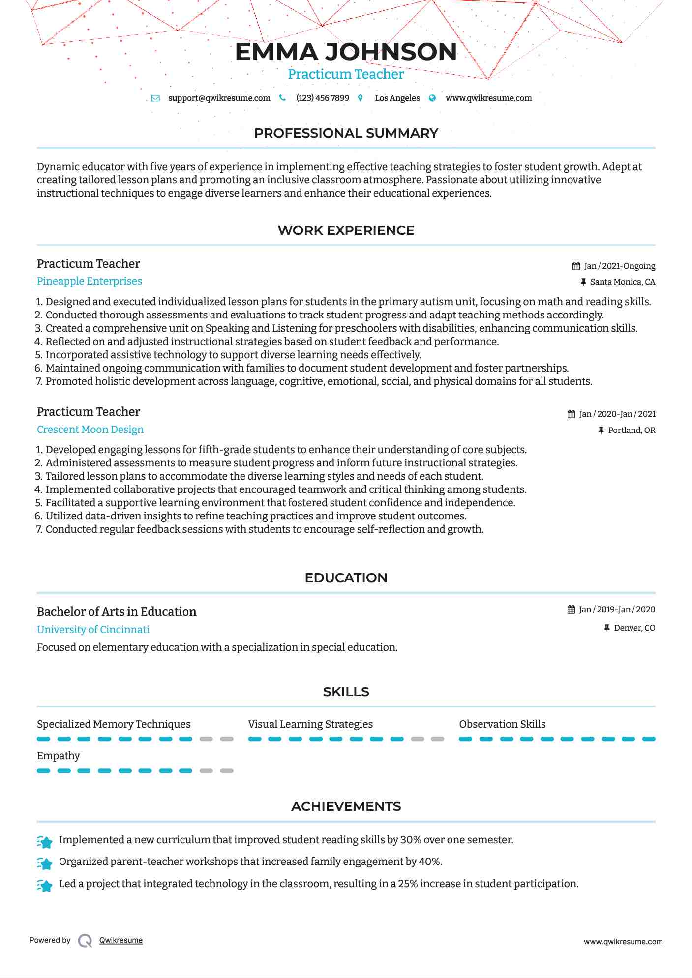 Practicum Teacher Resume Model