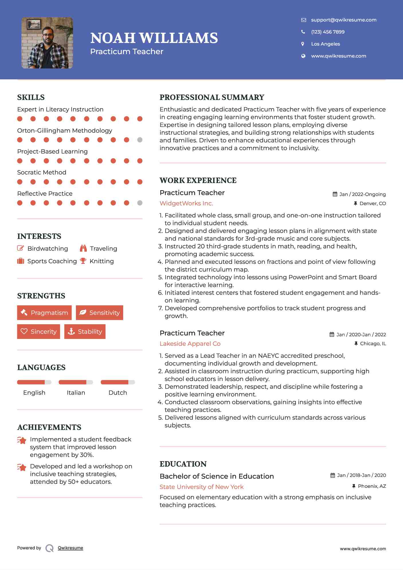 Practicum Teacher Resume Example