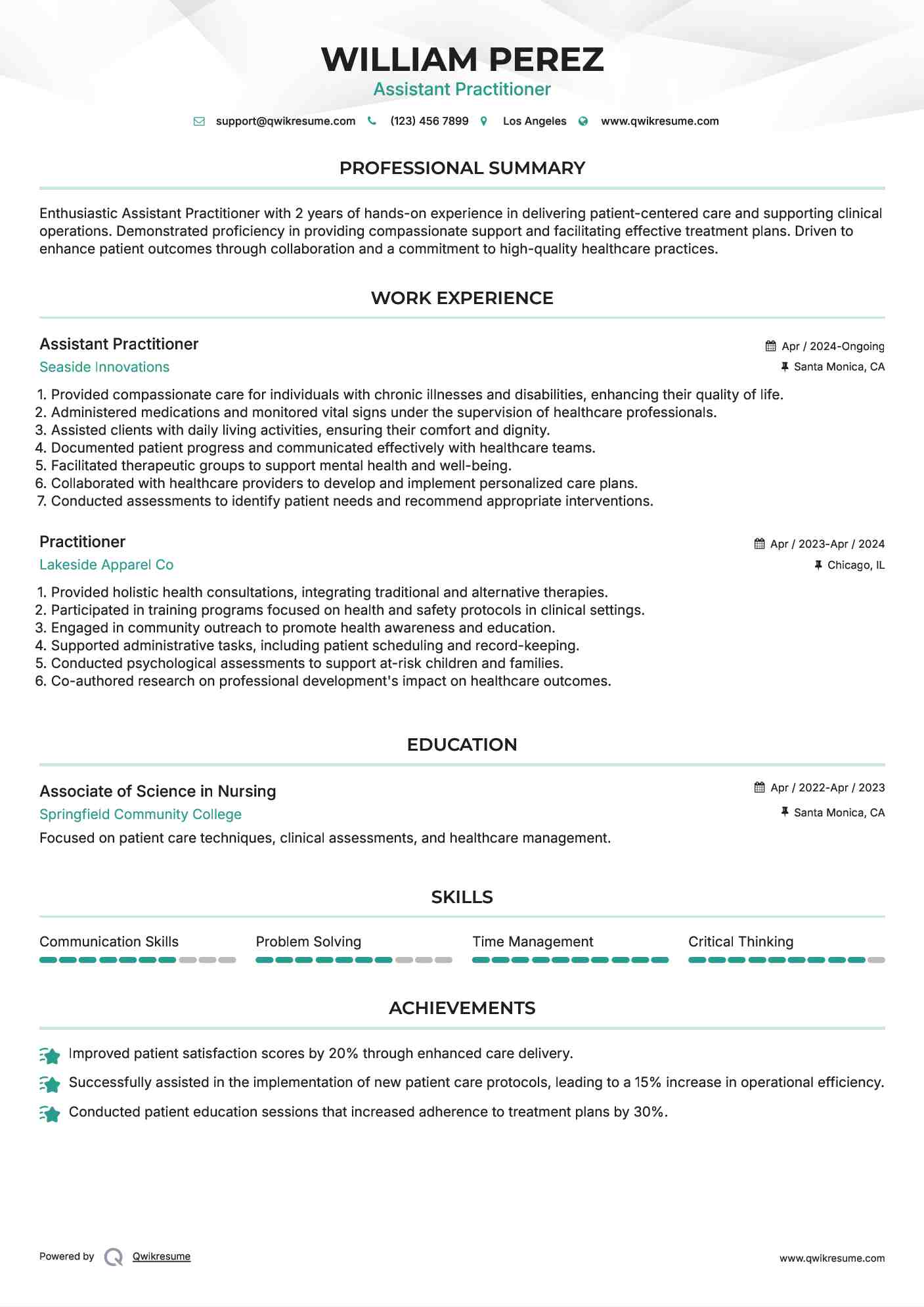 Assistant Practitioner Resume Sample