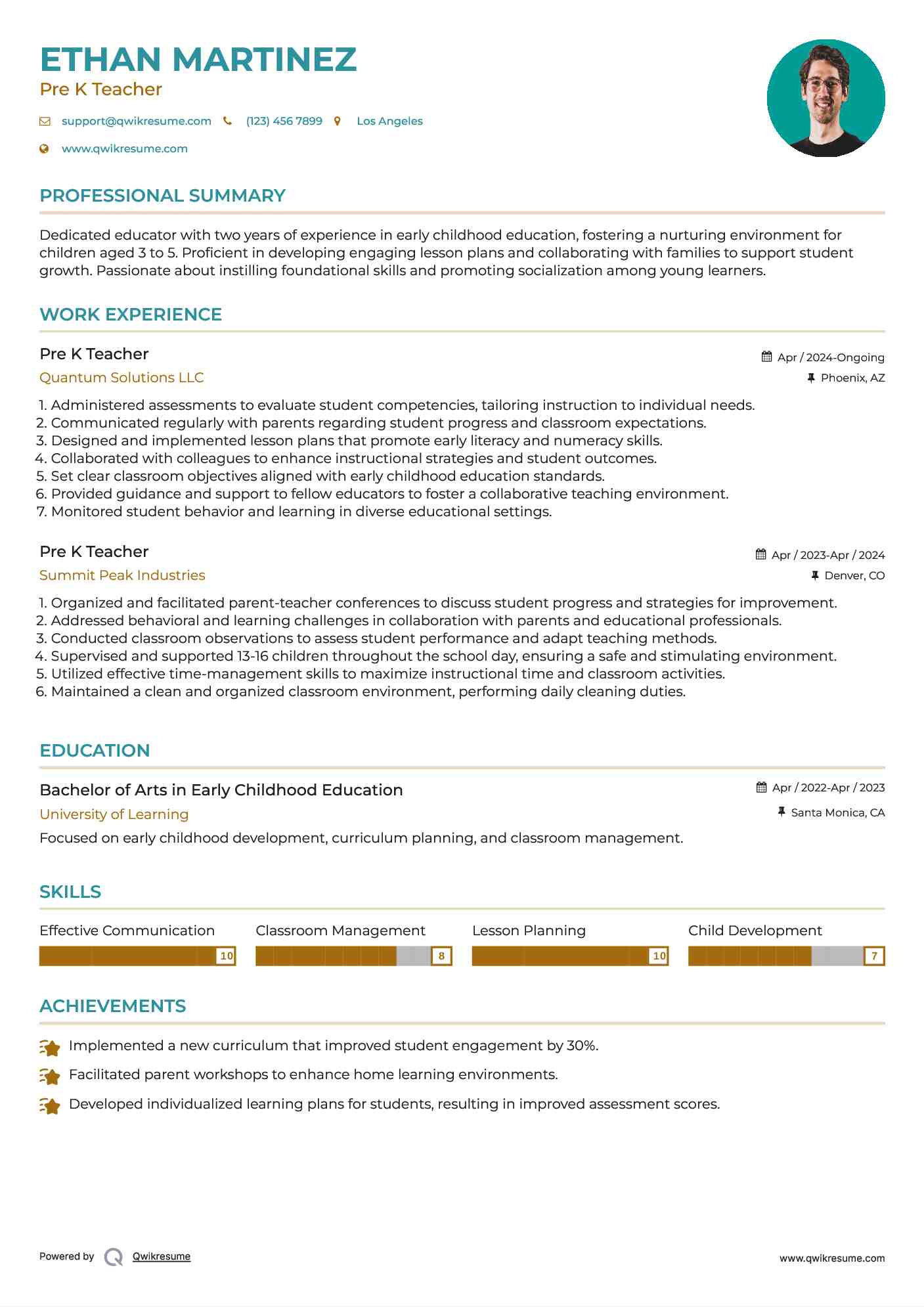 Pre K Teacher Resume Format