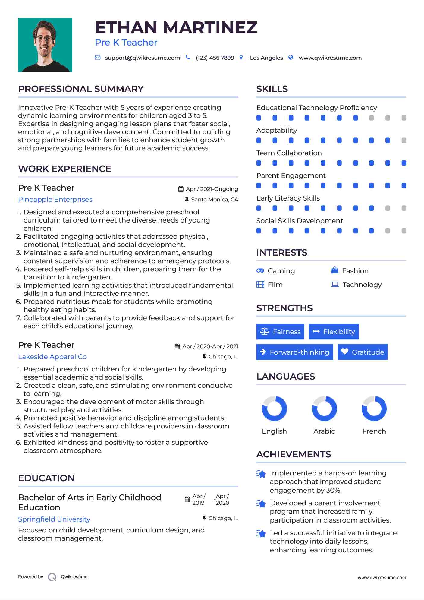 Pre K Teacher Resume Format