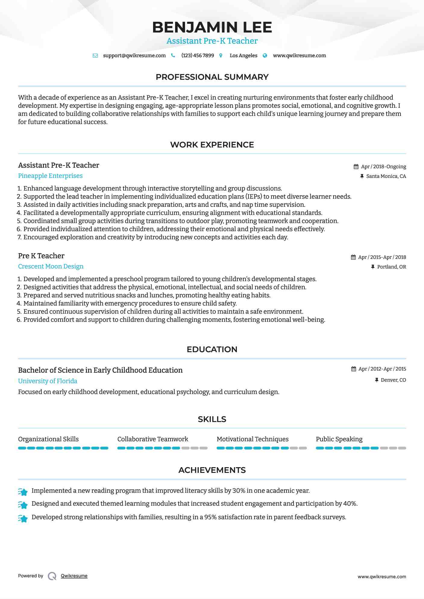 Assistant Pre-K Teacher Resume Example