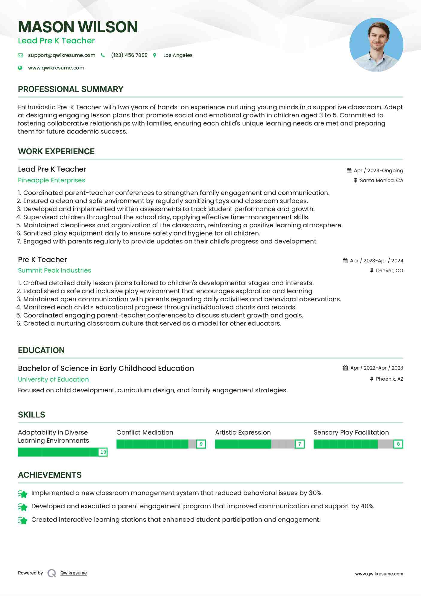Lead Pre K Teacher
 Resume Model