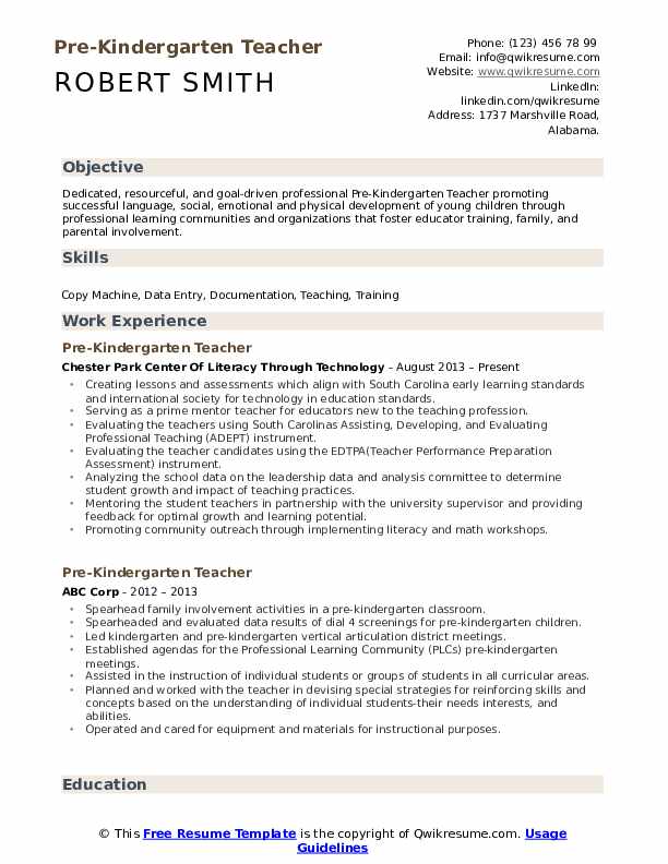 Pre Kindergarten Teacher Resume Samples QwikResume