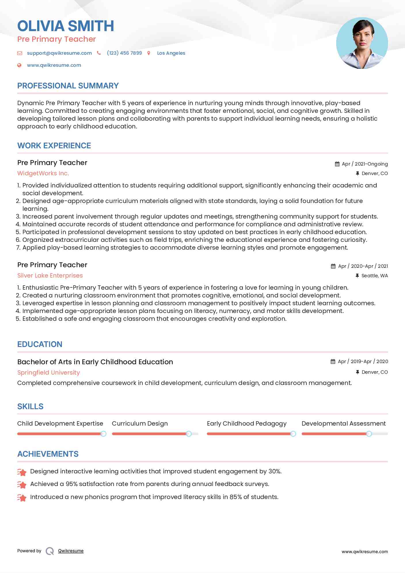 Pre Primary Teacher Resume Template