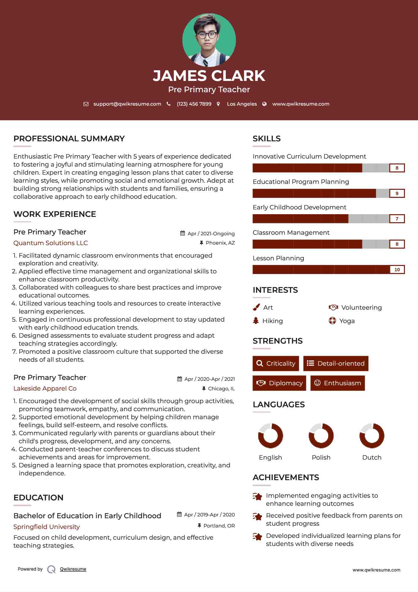 Pre Primary Teacher Resume Example