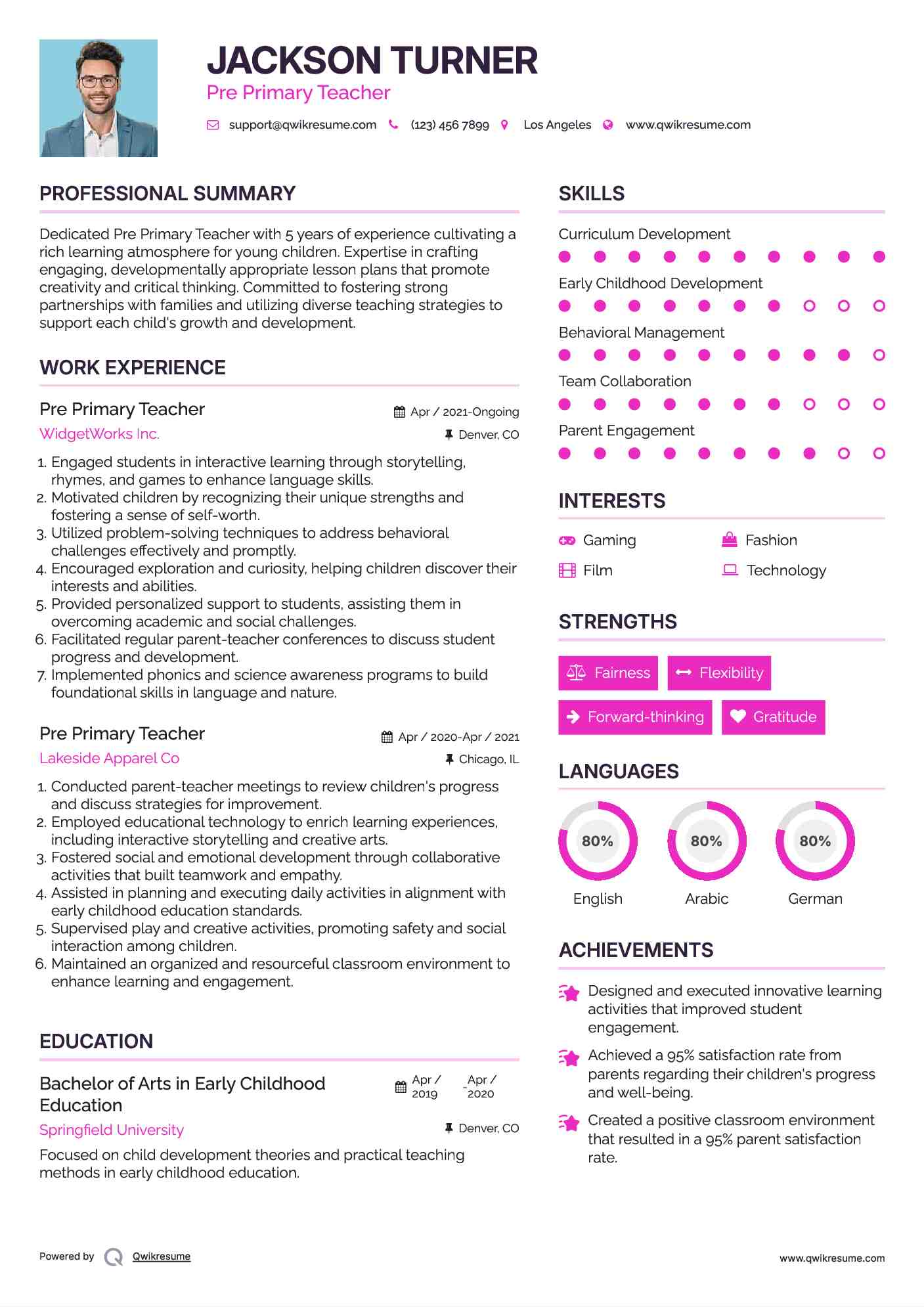Pre Primary Teacher Resume Template