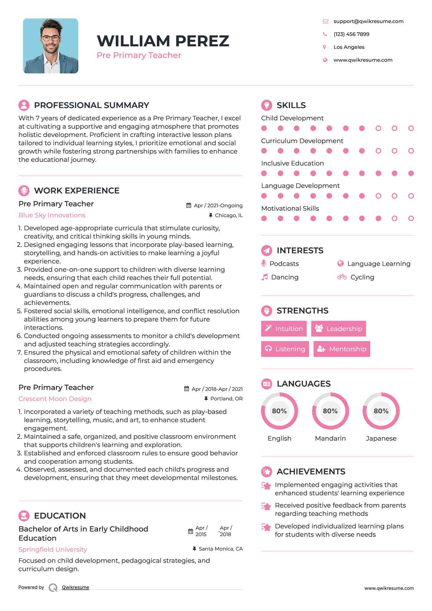 Pre Primary Teacher Resume Sample