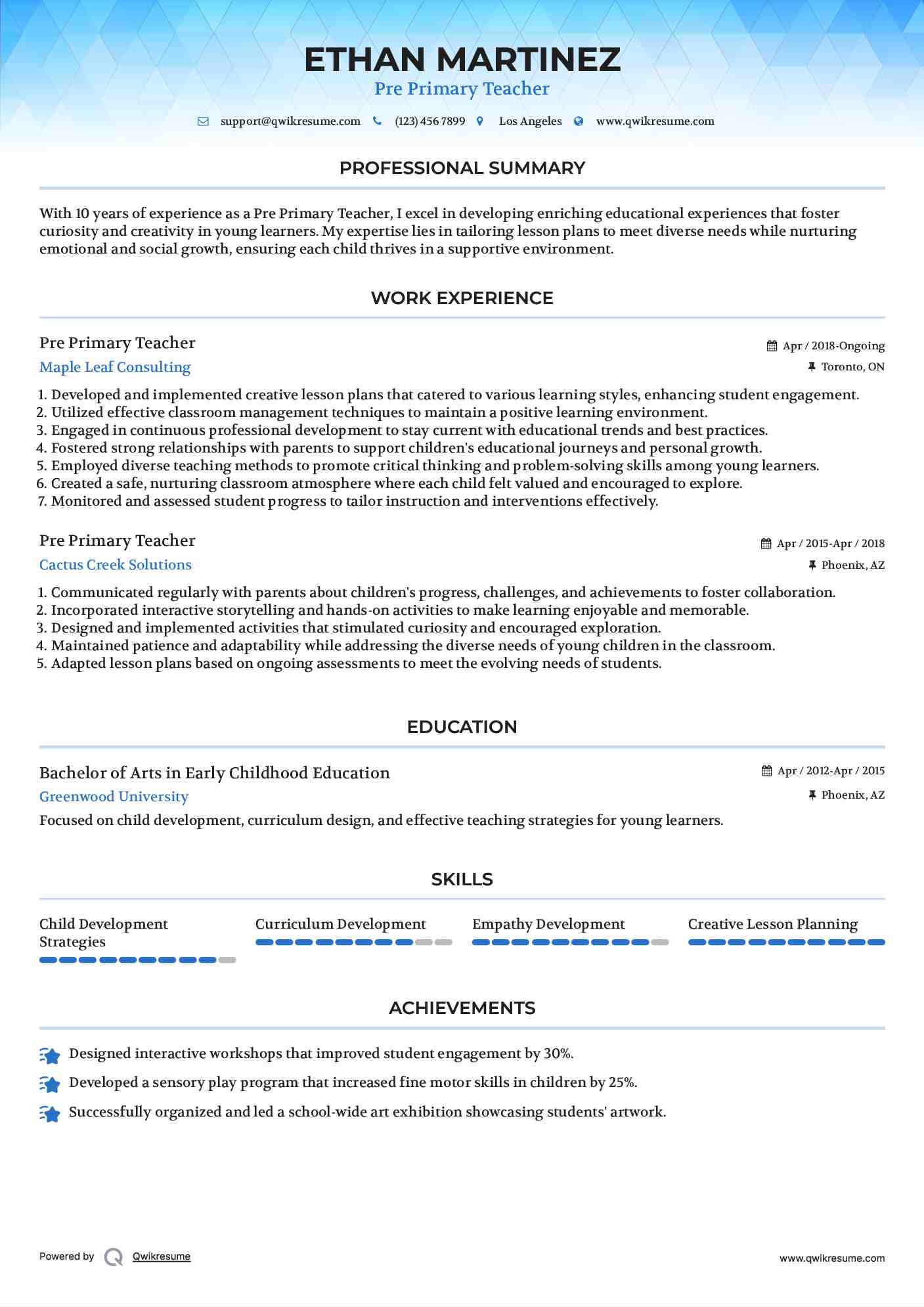 Pre Primary Teacher Resume Model