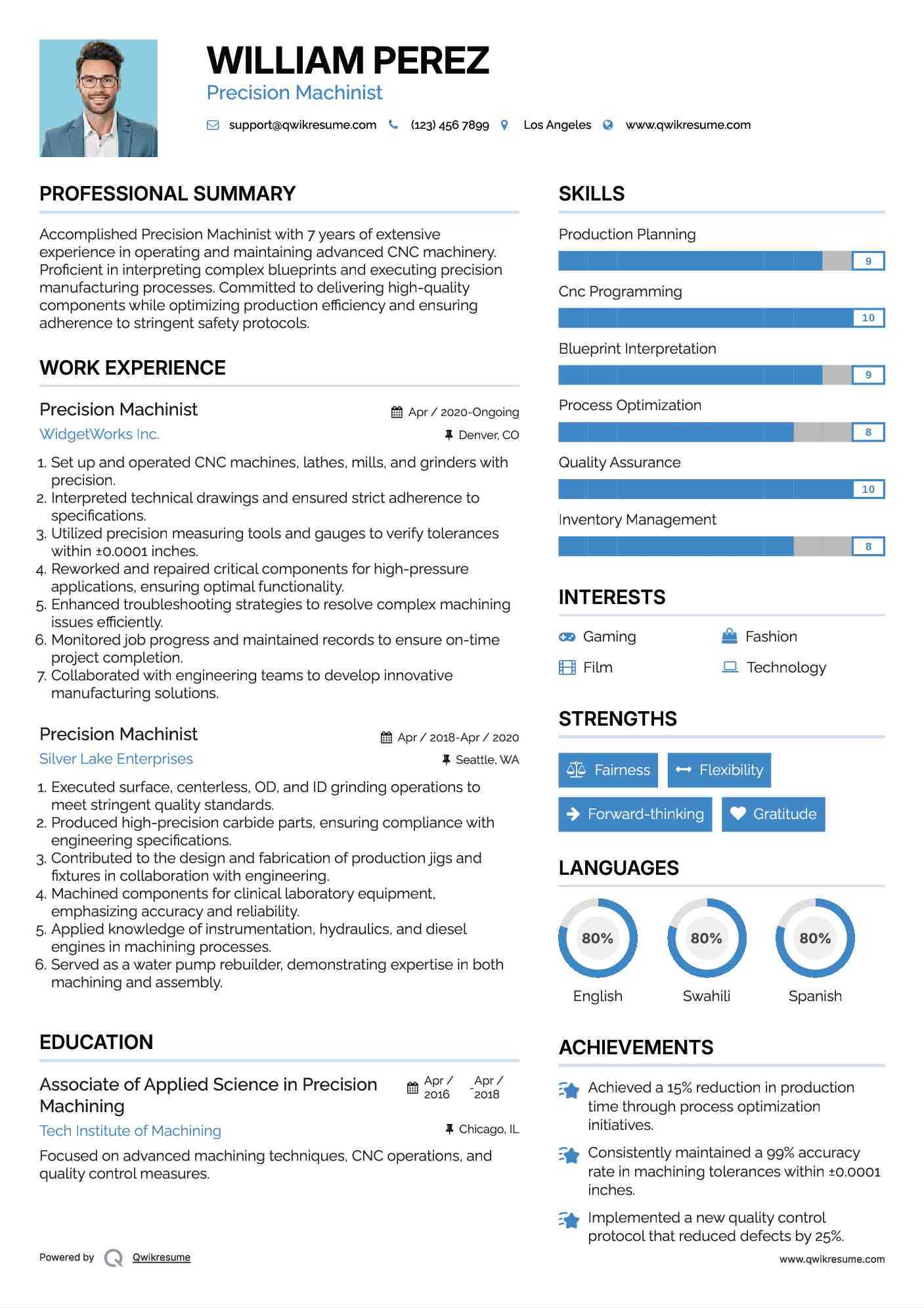 Precision Machinist Resume Example