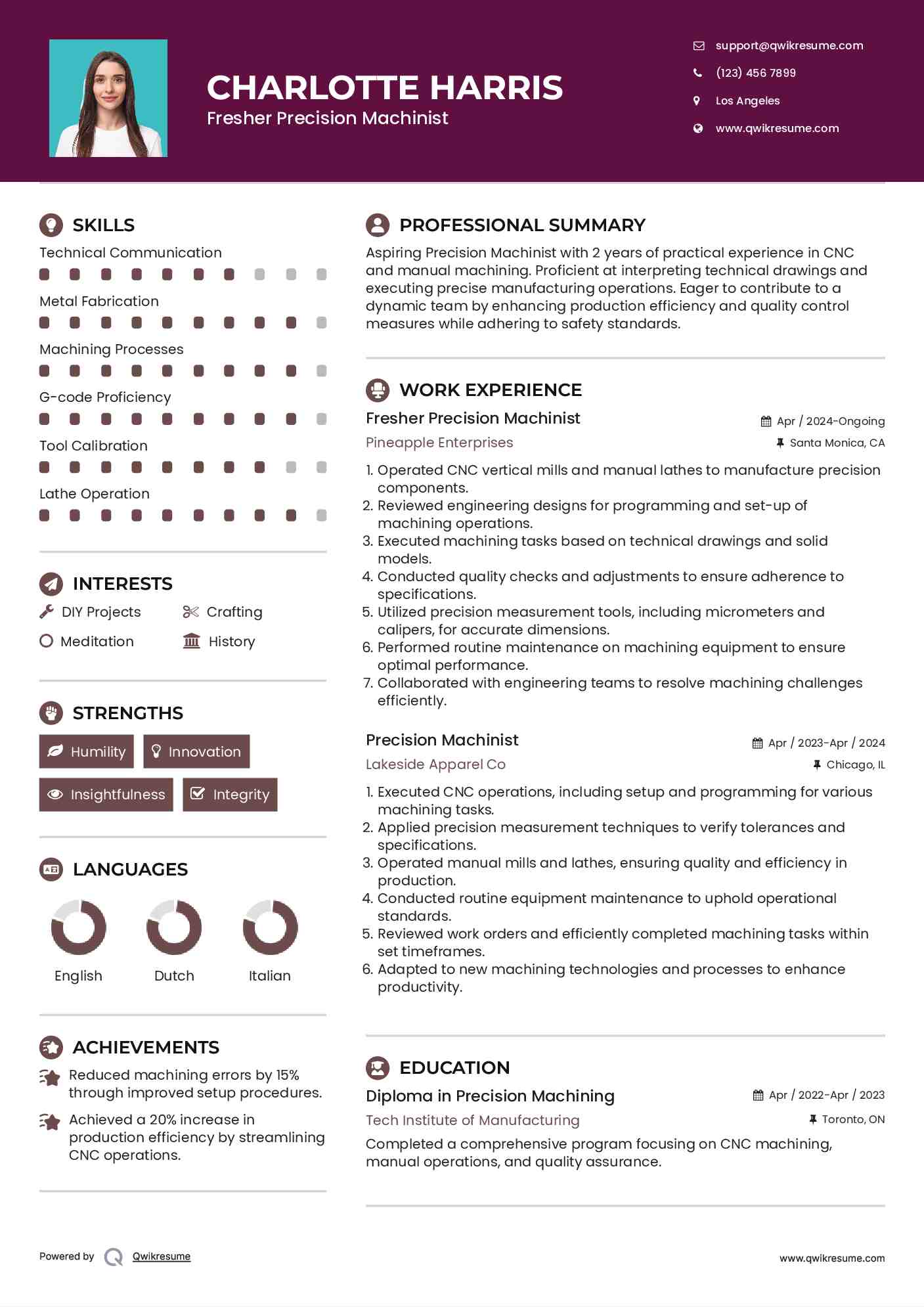 Fresher Precision Machinist Resume Example