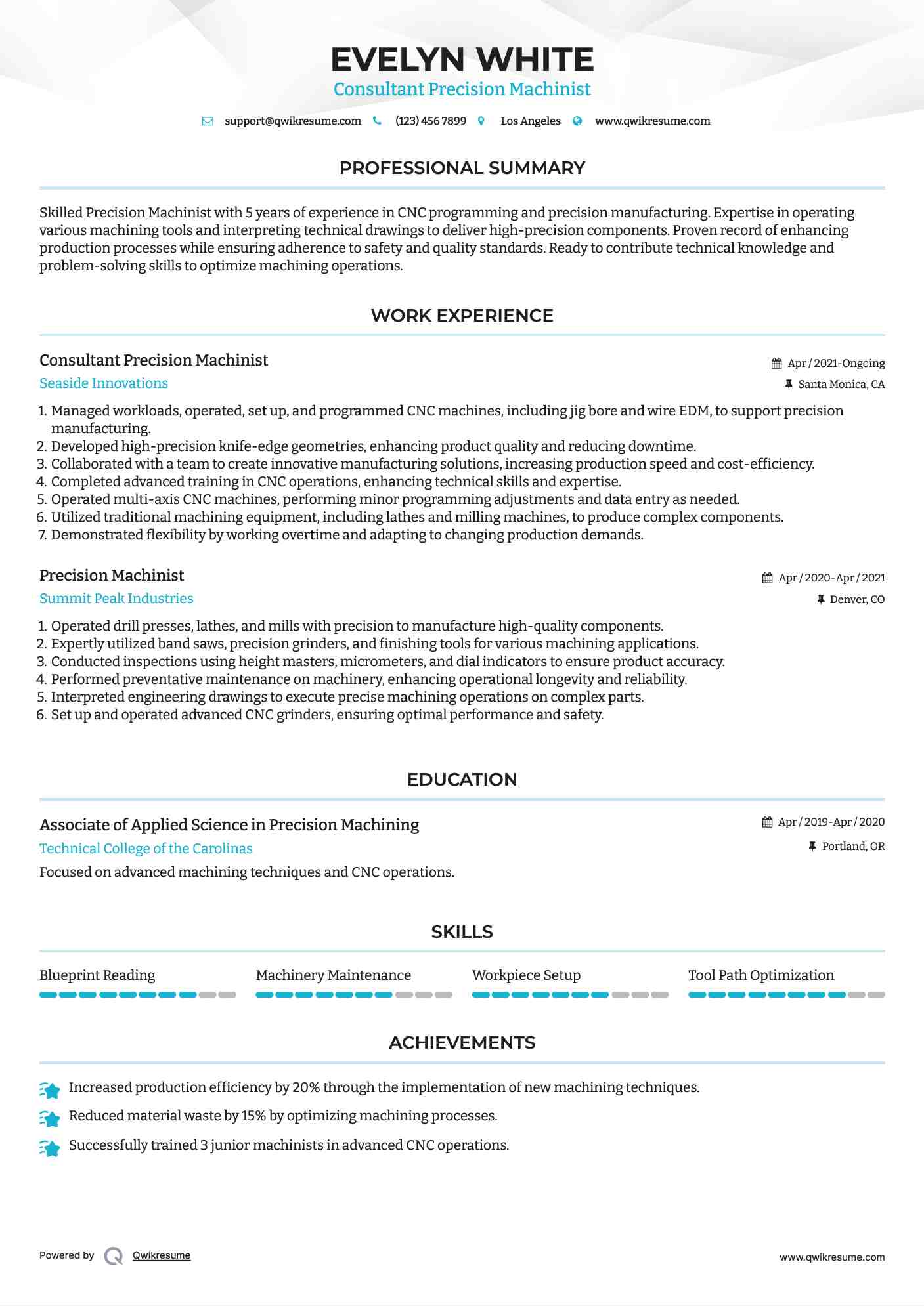 Consultant Precision Machinist Resume Model