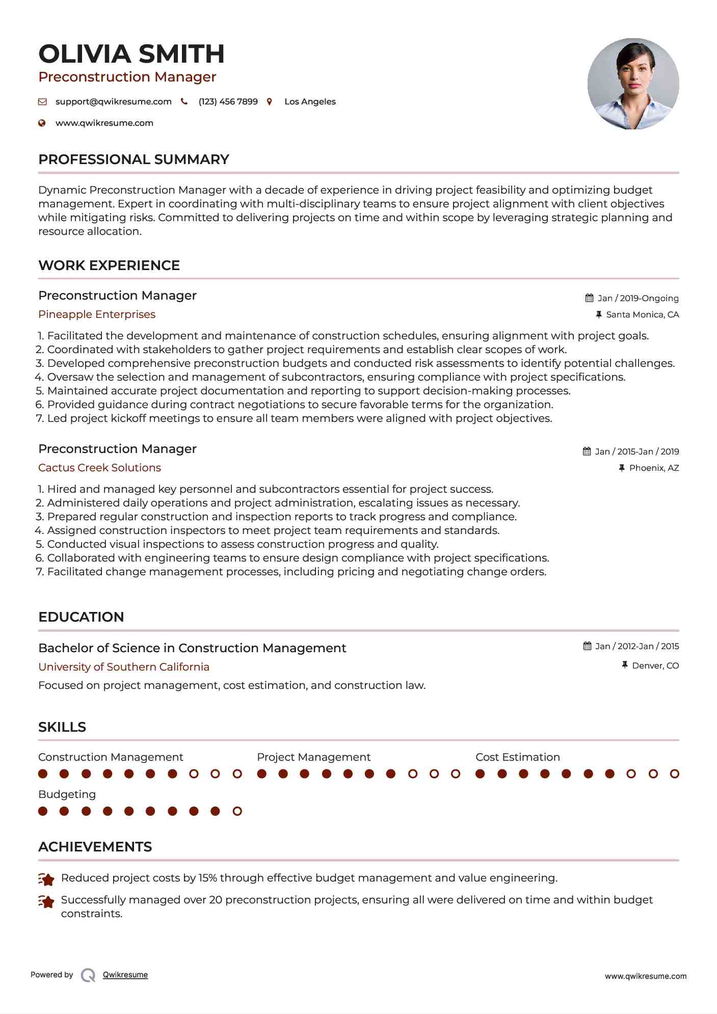 Preconstruction Manager Resume Model
