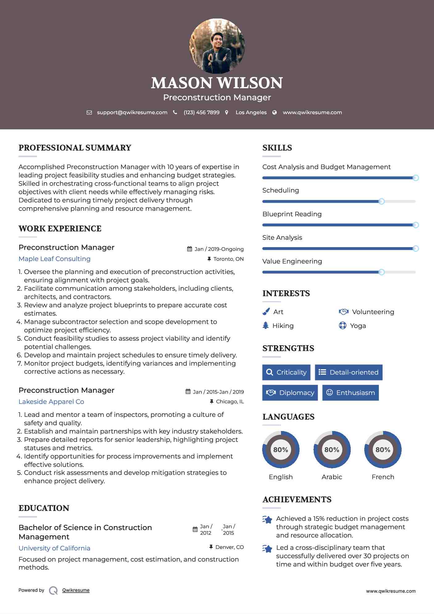 Preconstruction Manager Resume Example