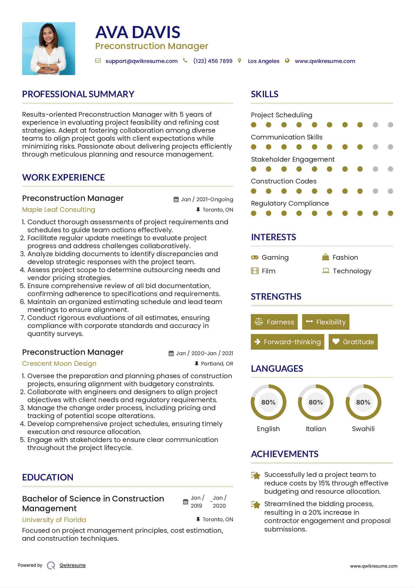 Preconstruction Manager Resume Example