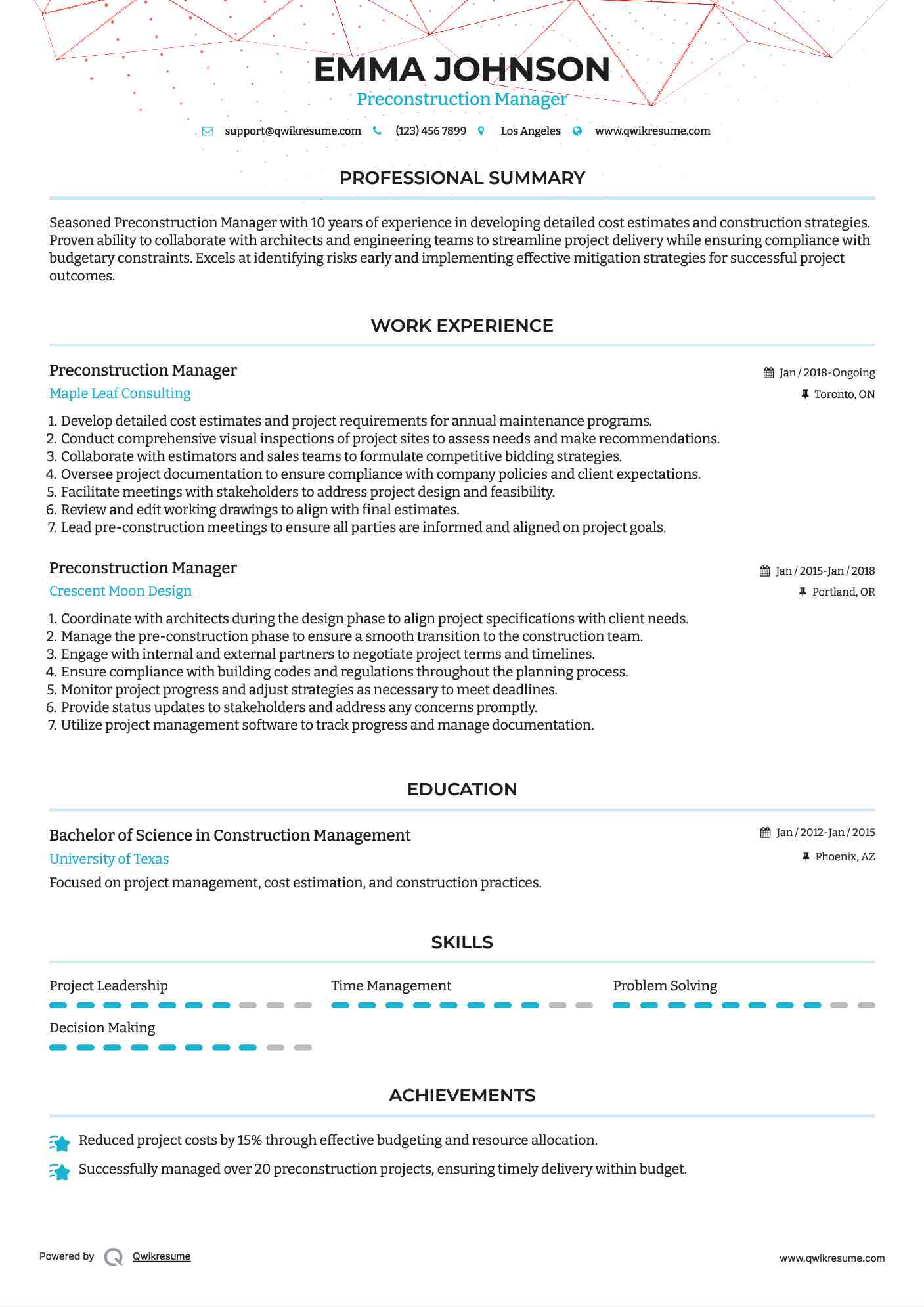Preconstruction Manager Resume Format