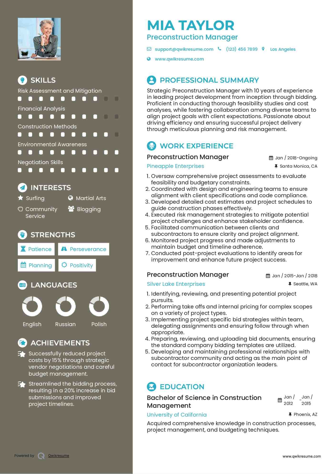 Preconstruction Manager Resume Sample