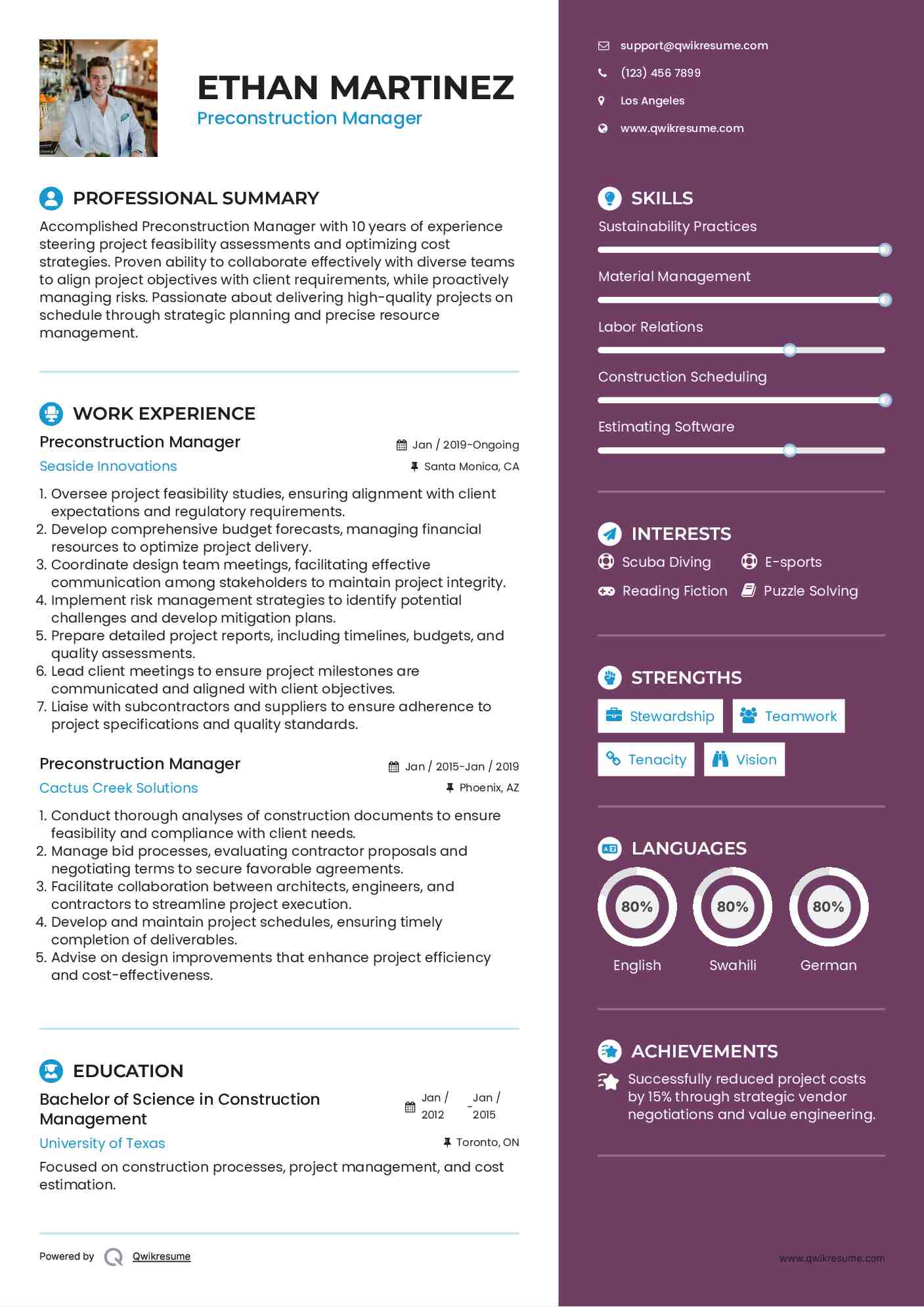 Preconstruction Manager Resume Sample