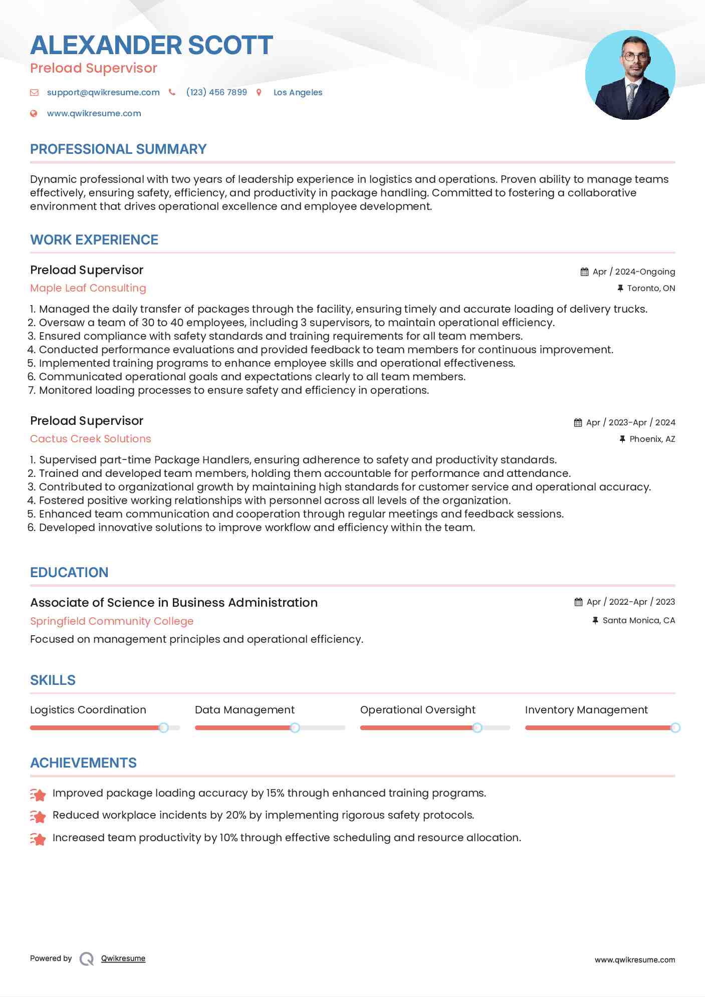 Preload Supervisor Resume Sample