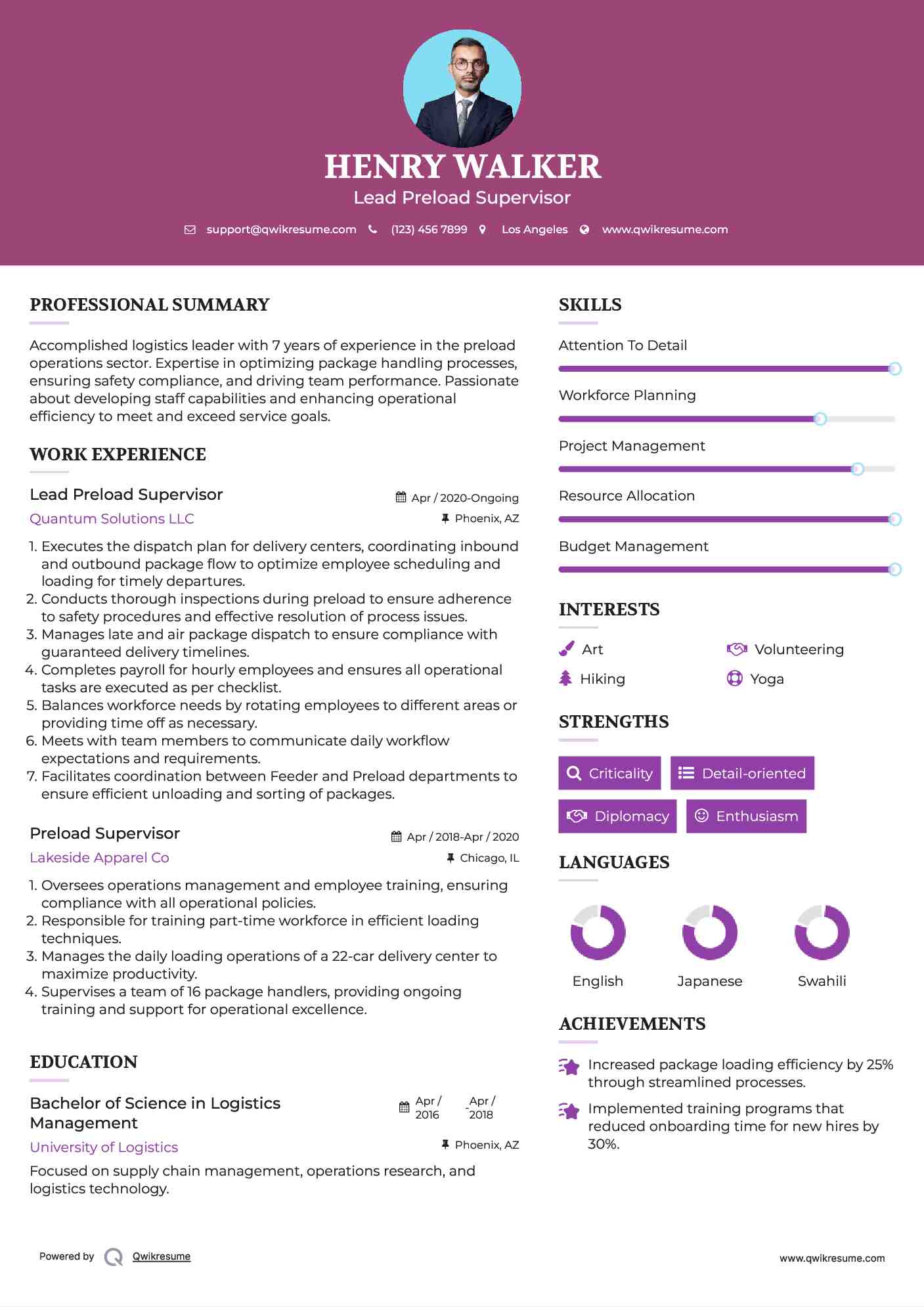 Lead Preload Supervisor Resume Format