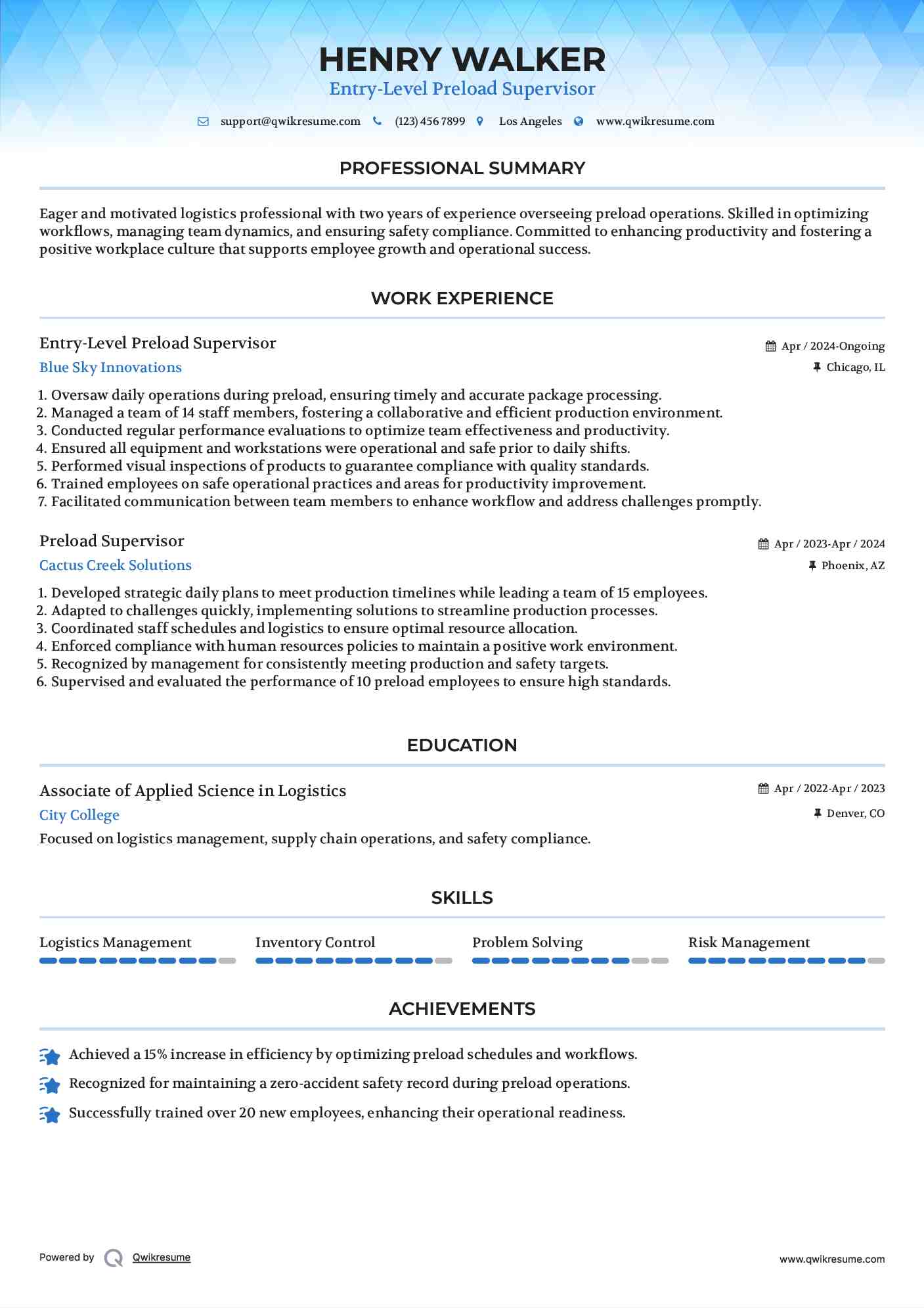 Entry-Level Preload Supervisor Resume Model
