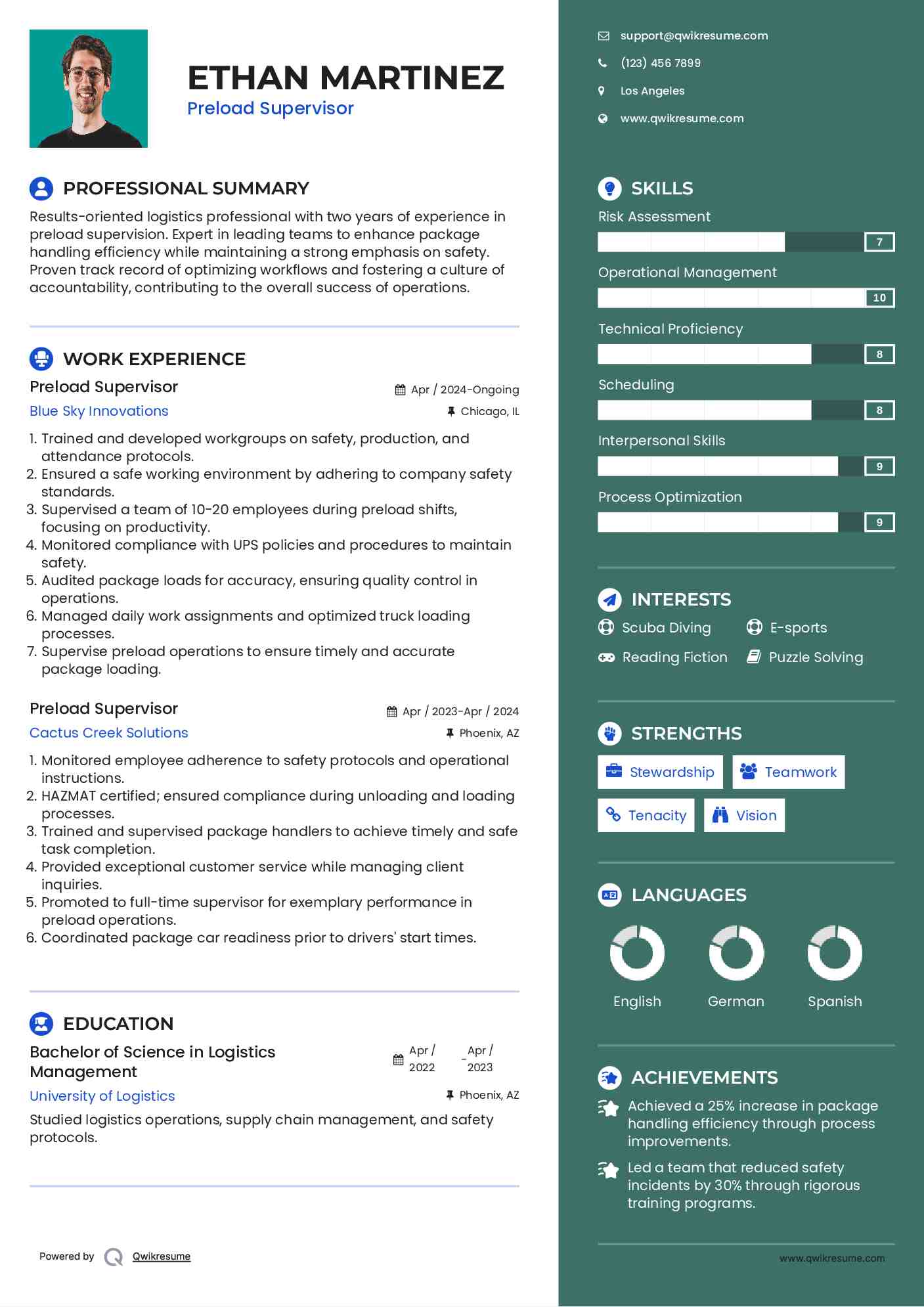 Preload Supervisor Resume Model