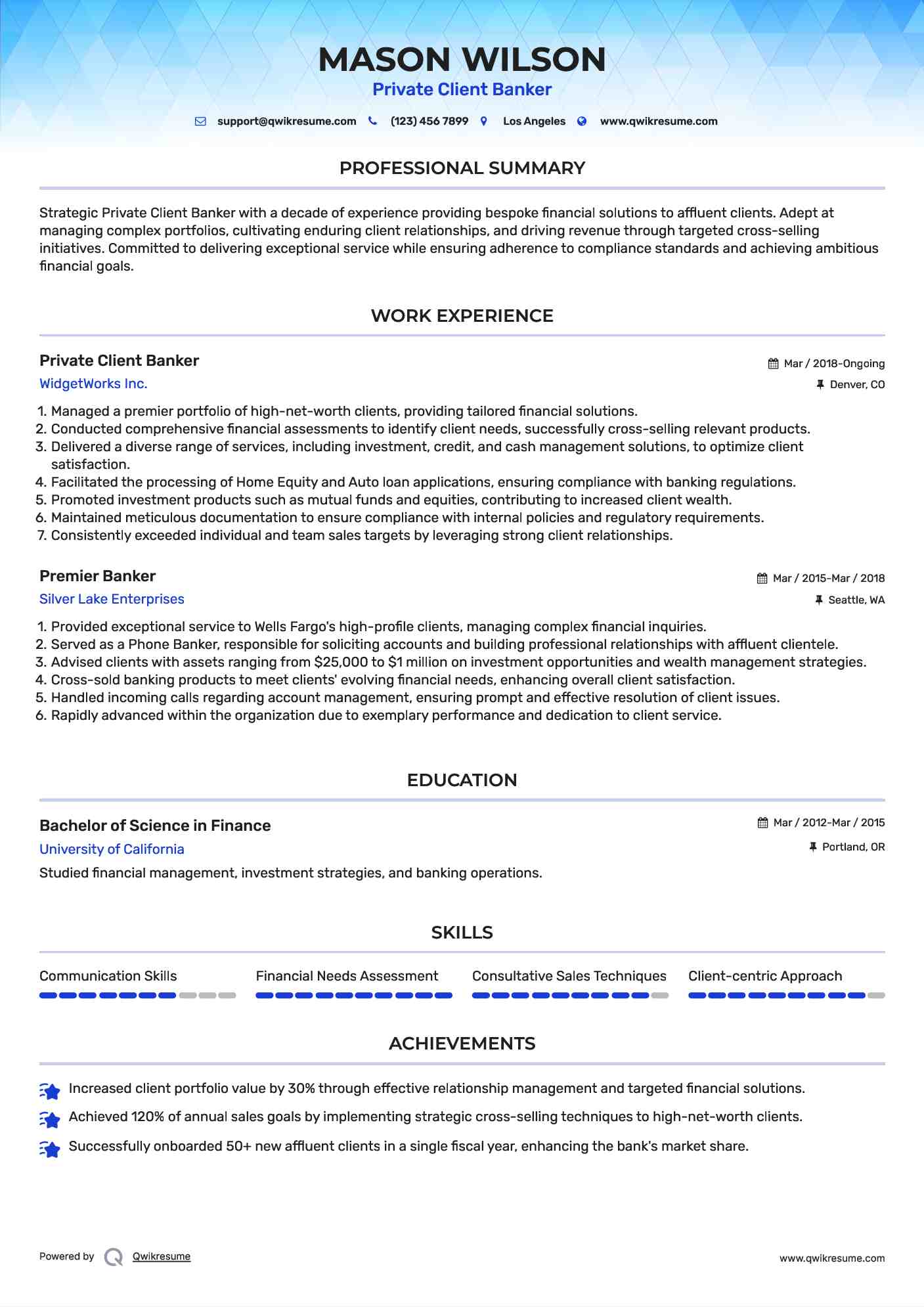 Private Client Banker Resume Model