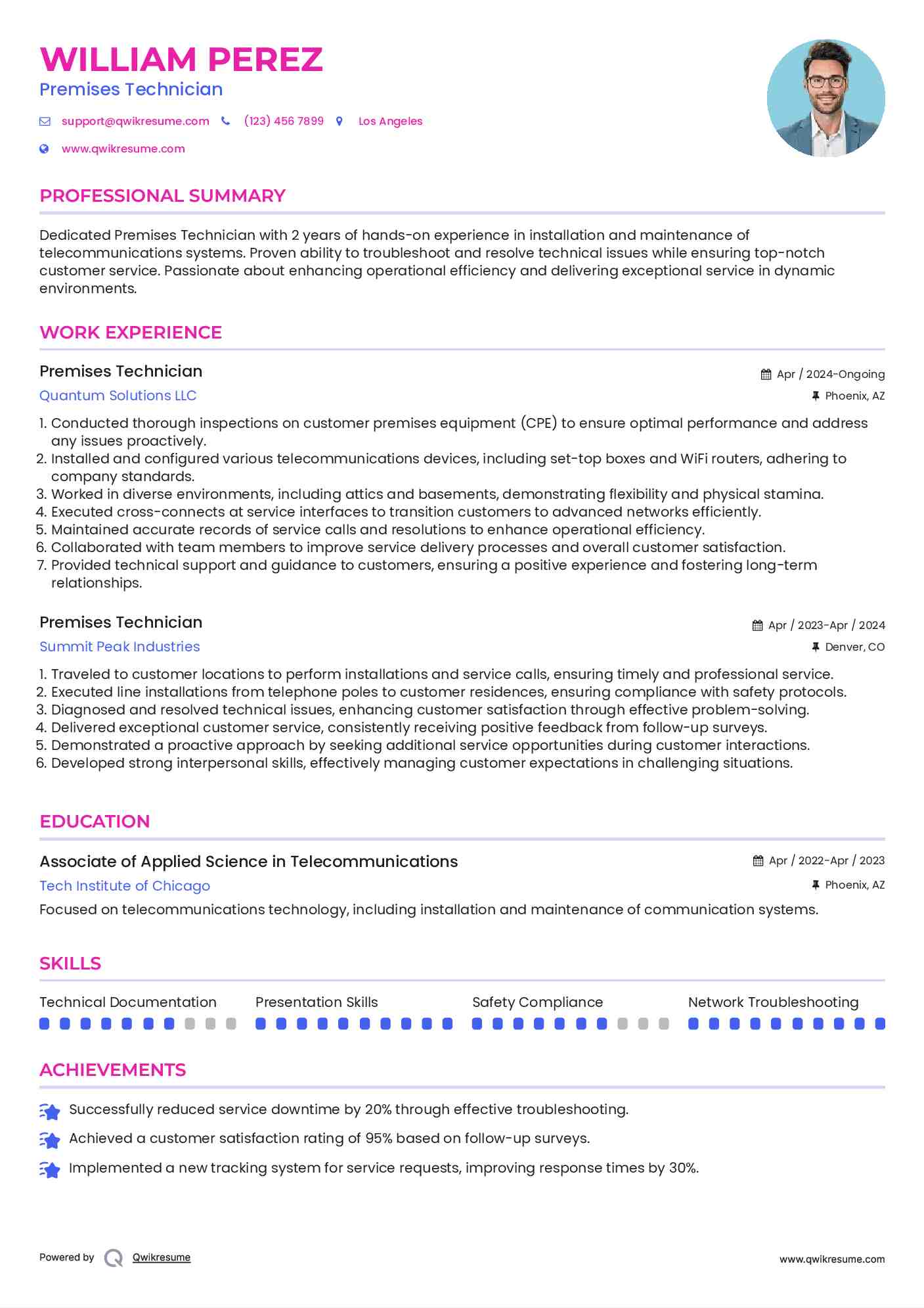Premises Technician Resume Sample