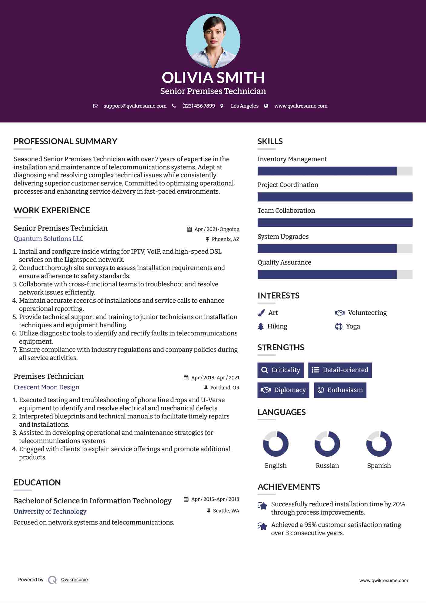 Senior Premises Technician Resume Sample