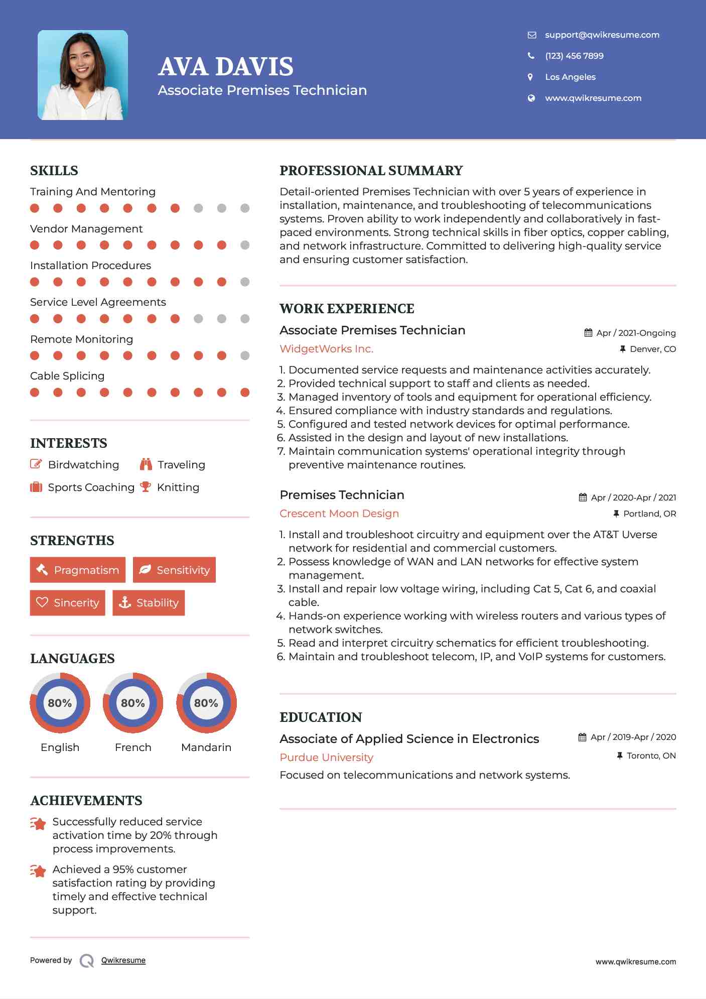 Associate Premises Technician Resume Example