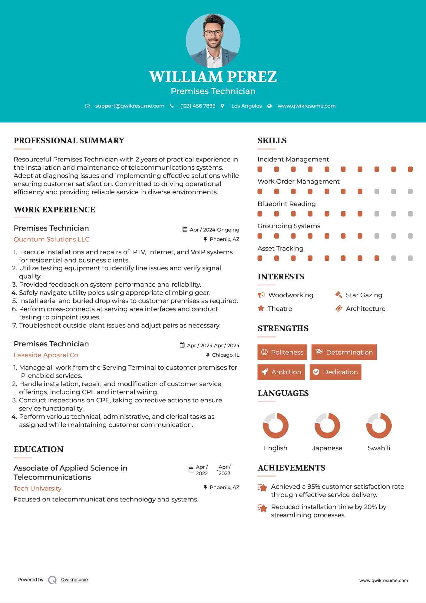 Premises Technician Resume Sample