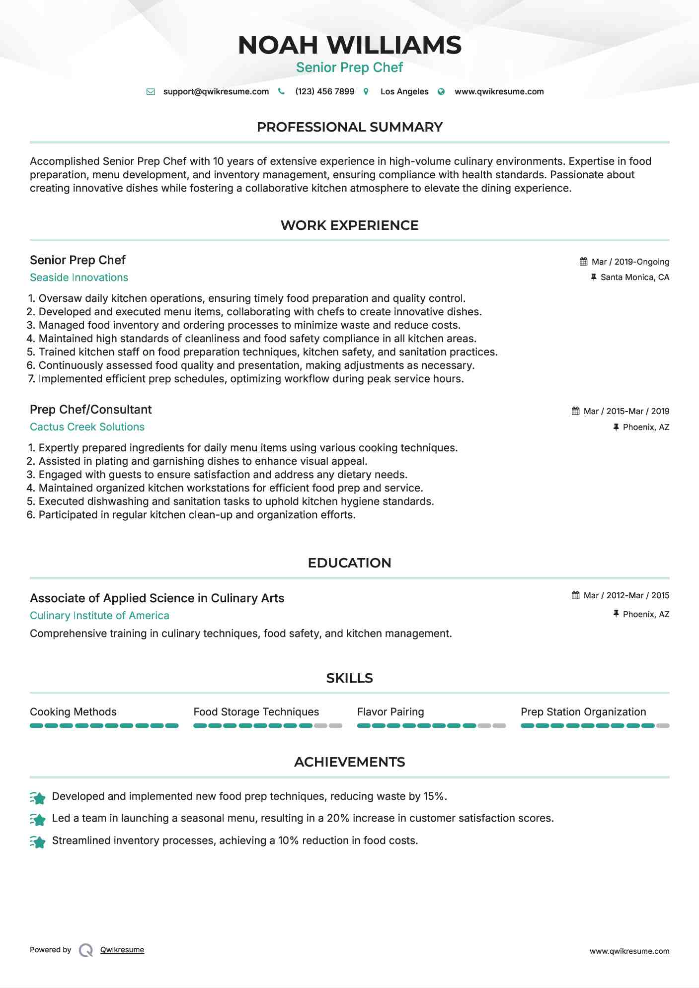 Senior Prep Chef Resume Model