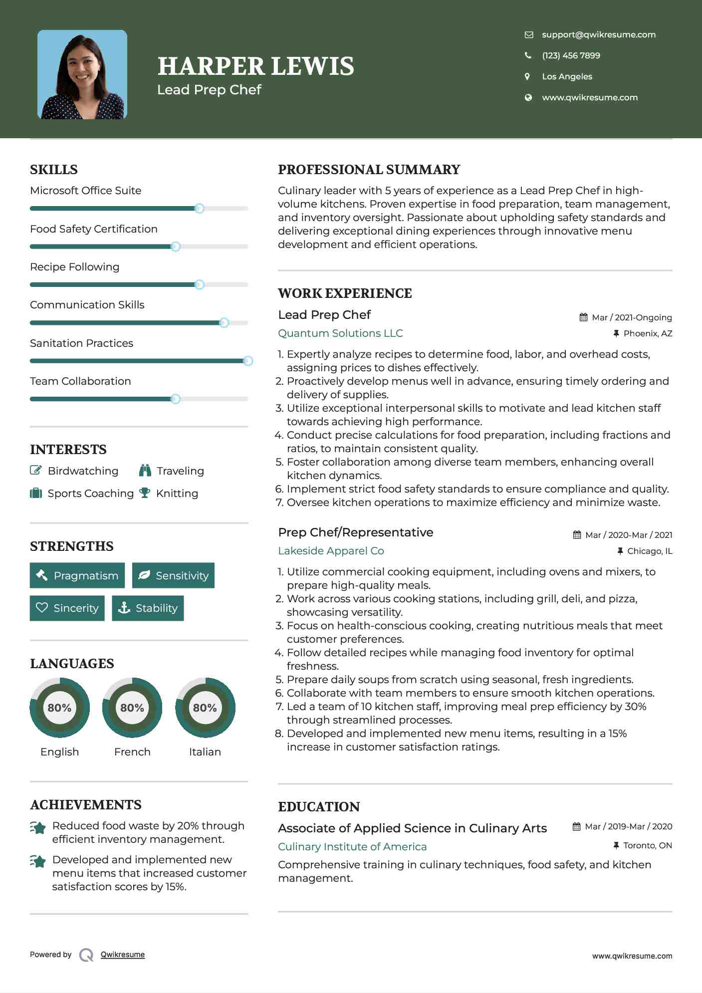 Lead Prep Chef Resume Format