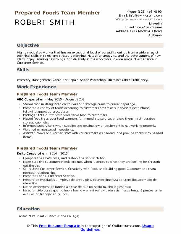 Prepared Foods Team Member Resume Samples QwikResume