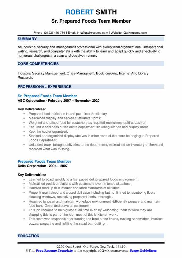 Prepared Foods Team Member Resume Samples QwikResume