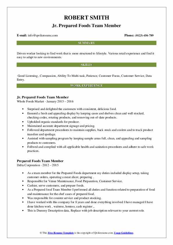 Prepared Foods Team Member Resume Samples QwikResume